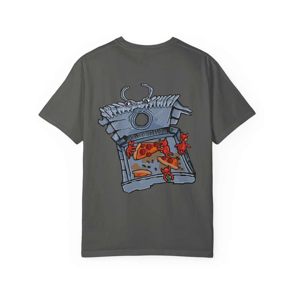 Freaky Features Fire Imp t-shirt, front shows a red bat-winged fire imp, back shows a monster-headed pizza box being raided by little red devils 
