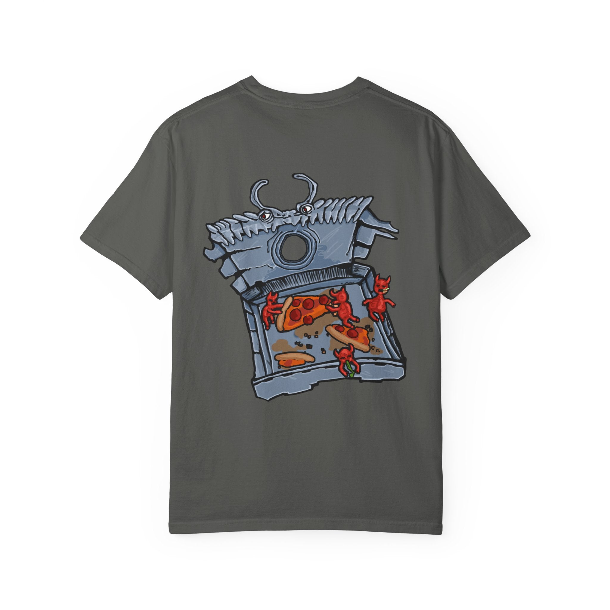 Freaky Features Fire Imp t-shirt, front shows a red bat-winged fire imp, back shows a monster-headed pizza box being raided by little red devils 
