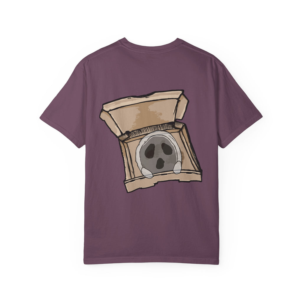 Freaky Features Ghost t-shirt, front shows creepy ghost hood with weapons and screaming eye mouth, back shows open pizza box with floating ghost face
