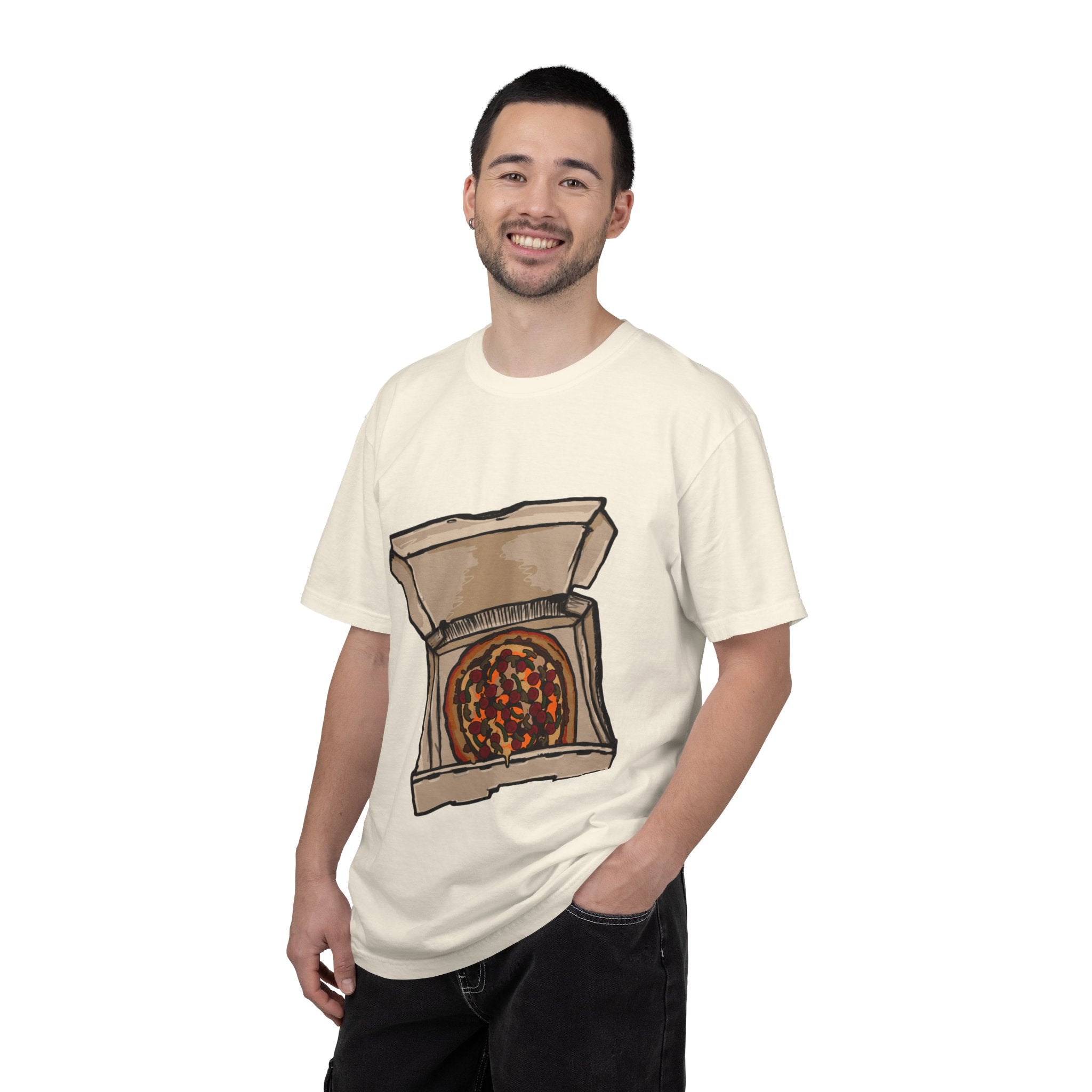 Hand-drawn pepperoni green pepper mushroom pizza box t-shirt showing open pizza box with pepperoni, green pepper and mushroom pizza from PizzaBytes collection


