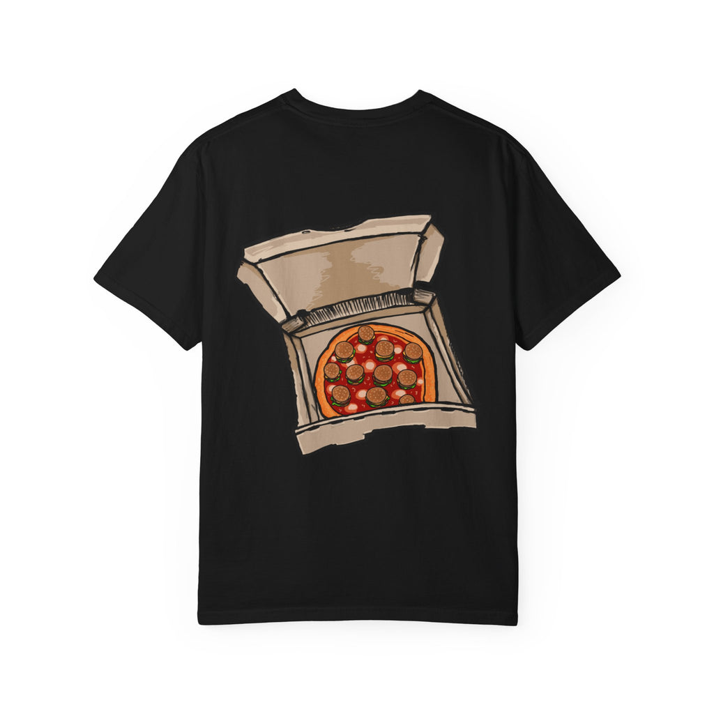 Freaky Features Werewolf t-shirt, front shows werewolf head with glowing yellow eyes and bandaged nose, back shows open pizza box with pepperoni pizza topped with mini cheeseburgers
