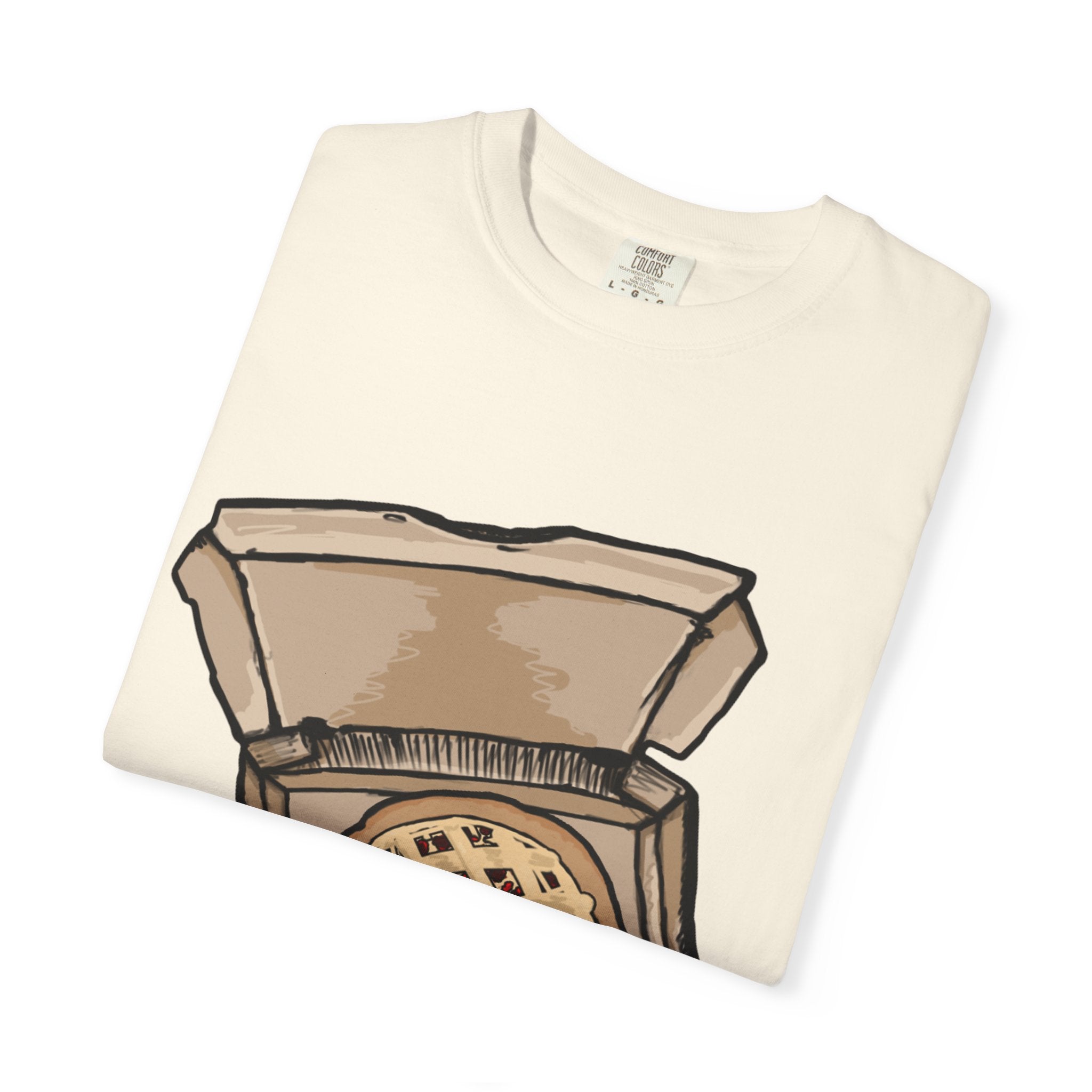 Hand-drawn cherry pie pizza box t-shirt showing open pizza box with lattice-top cherry pie from PizzaBytes collection

