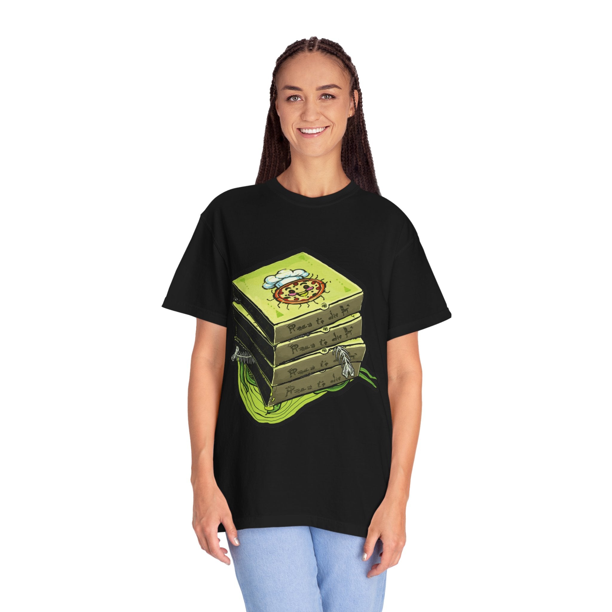 Hand-drawn toxic pizza stack t-shirt with glowing green pizza character and slimy tentacle on tee from PizzaBytes collection