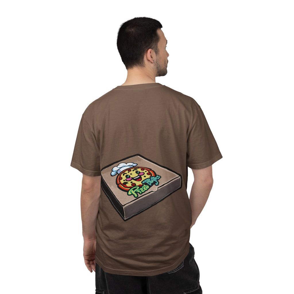 Hand-drawn ice pizza box t-shirt showing open pizza box with glowing blue ice pizza and floating orbs from PizzaBytes collection

