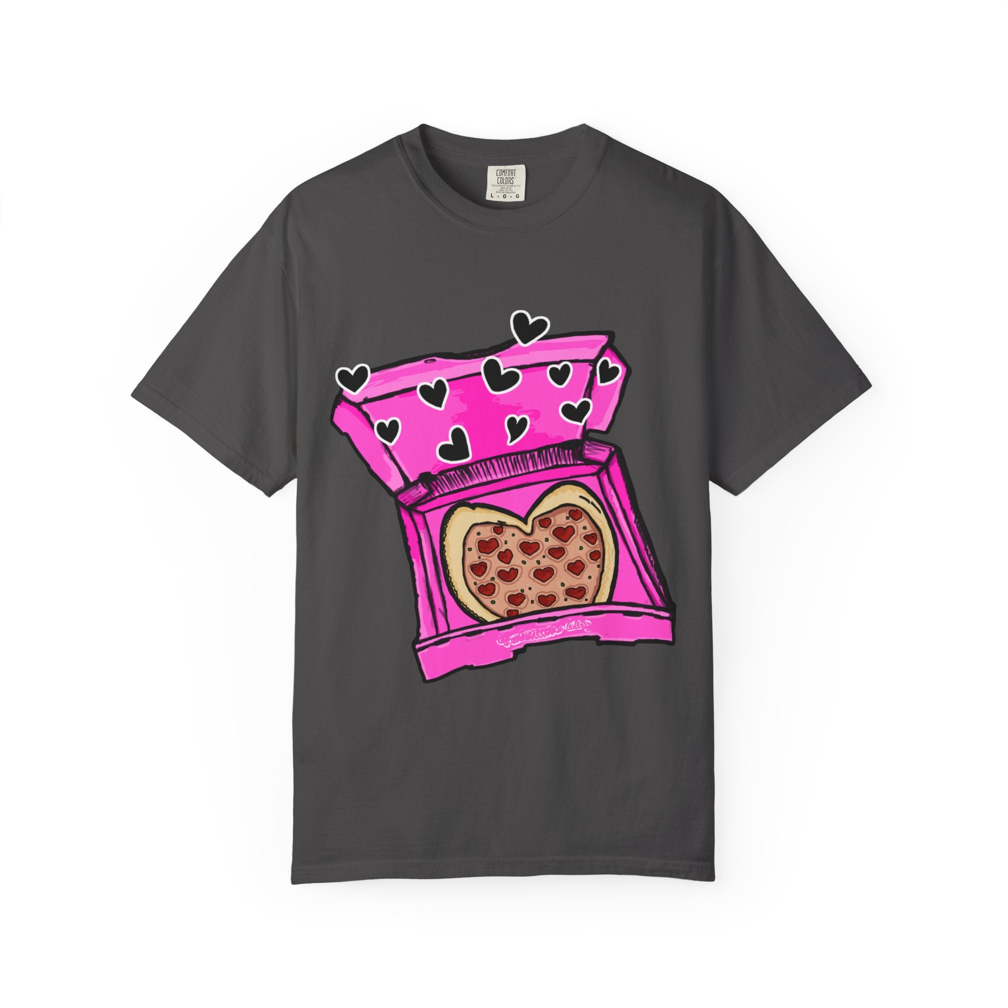 Hand-drawn heart pizza box t-shirt with pink pizza box, heart-shaped pepperoni pizza and floating black hearts on Comfort Color tee from PizzaBytes collection
