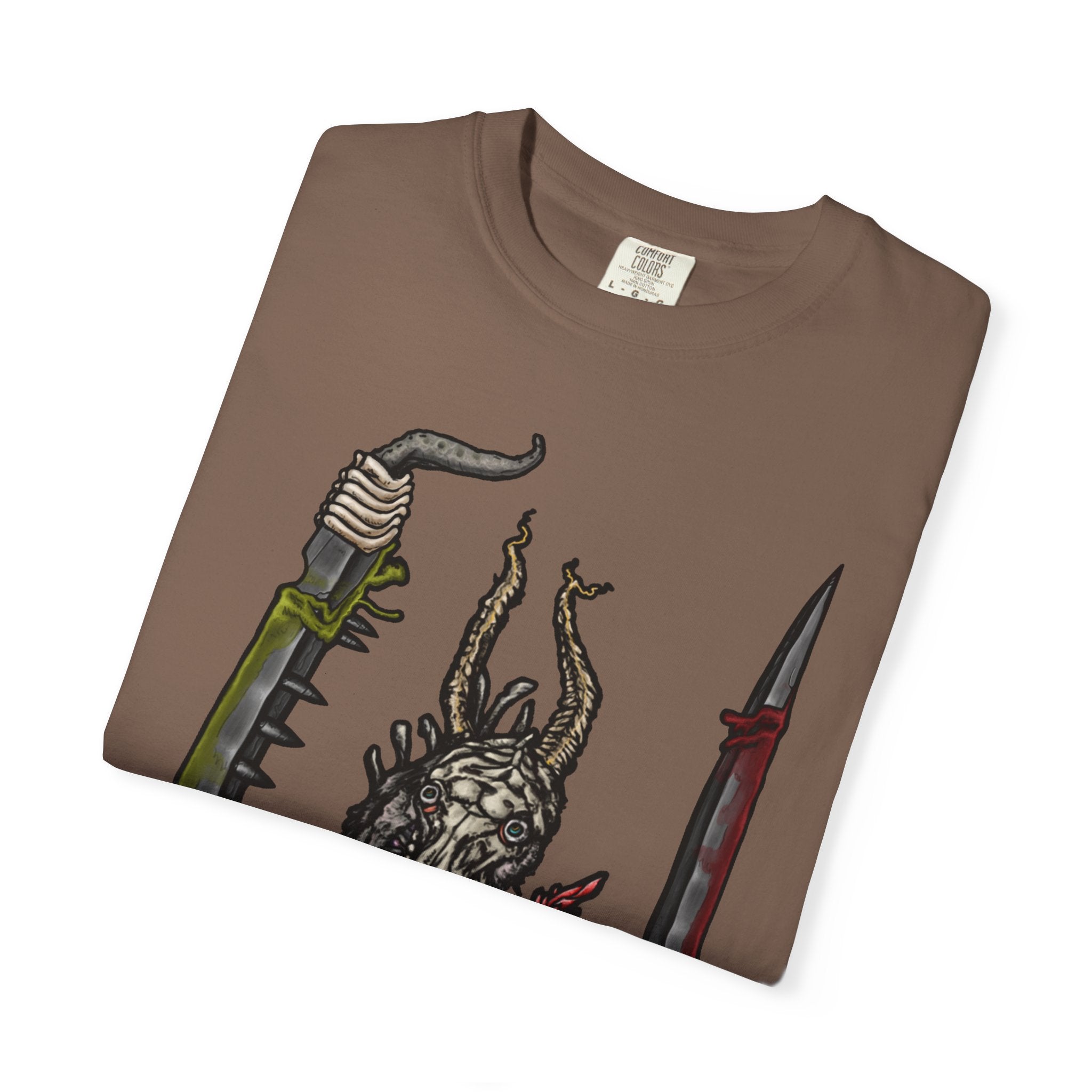 Hand-drawn Item Selection #2 t-shirt from Freaky Features showing a reptilian monster holding a chainsaw sword, bloody dagger and twisted staff on cream tee

