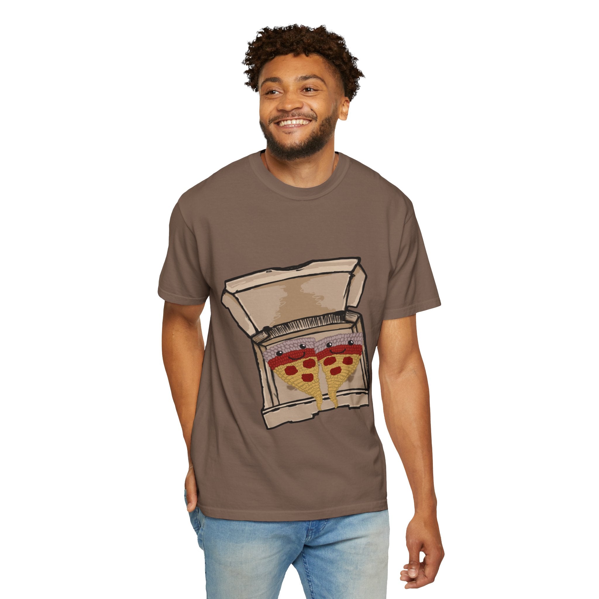 Hand-drawn knitted pizza slices t-shirt showing open pizza box with two smiling knitted pepperoni pizza slices from PizzaBytes collection

