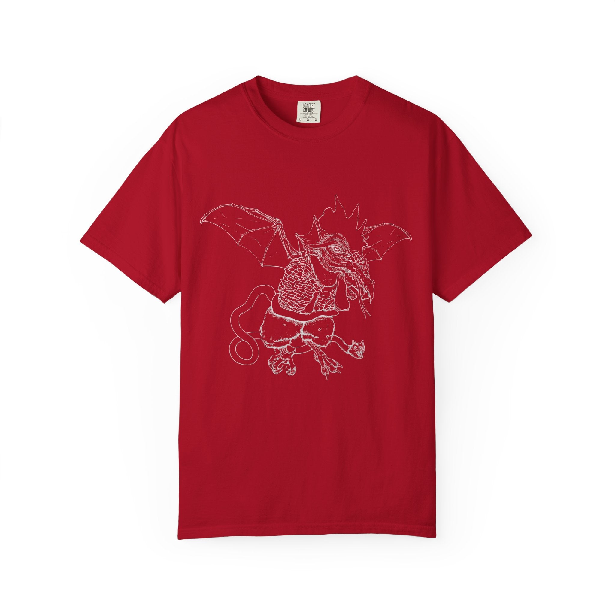 Hand-sketched Cockatrice t-shirt from Serenity Chain, mythical rooster-serpent creature in raw white line art on black tee


