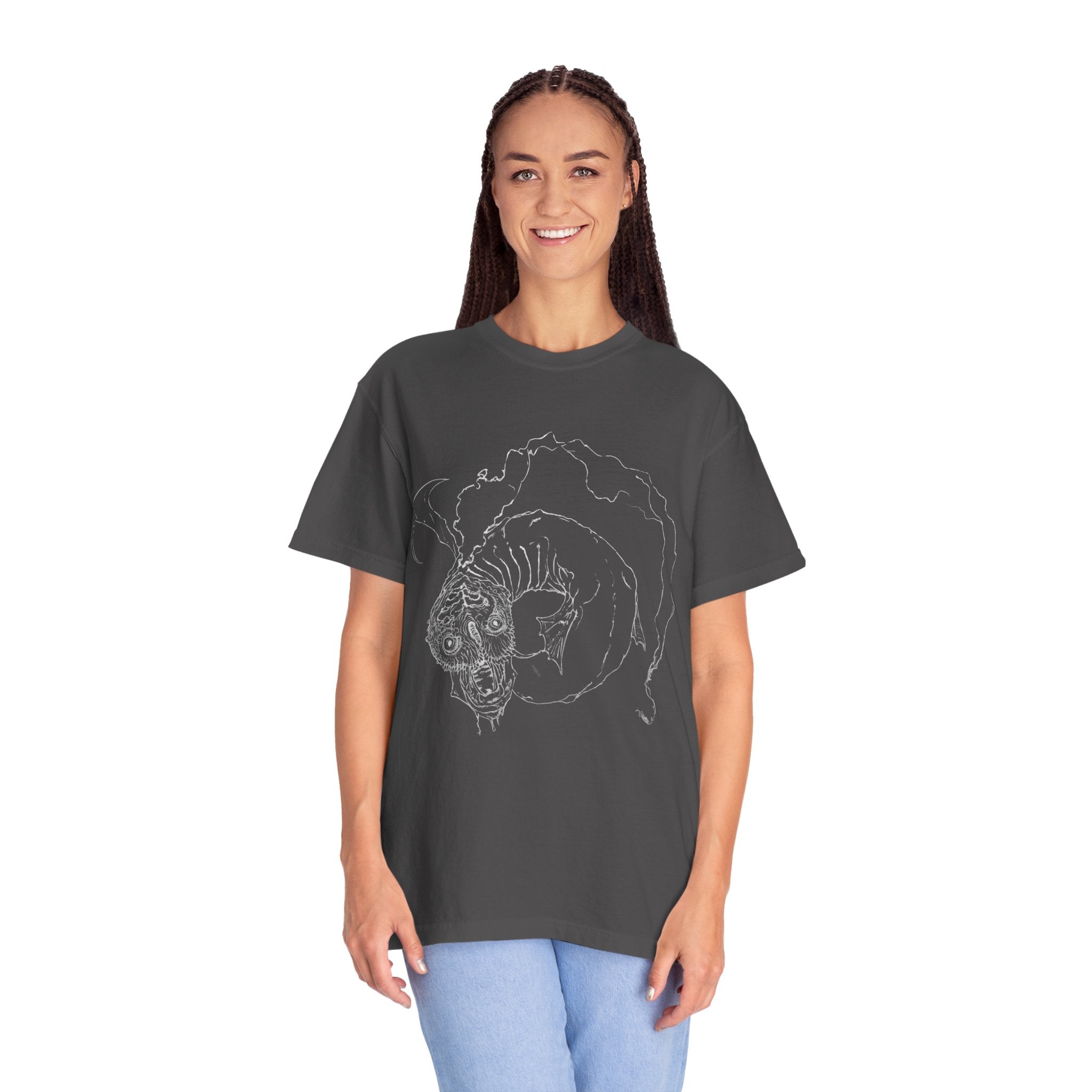 Hand-sketched Fish Monster t-shirt from Serenity Chain collection, eerie deep-sea creature with bulging eyes and flowing fins in white line art on black tee