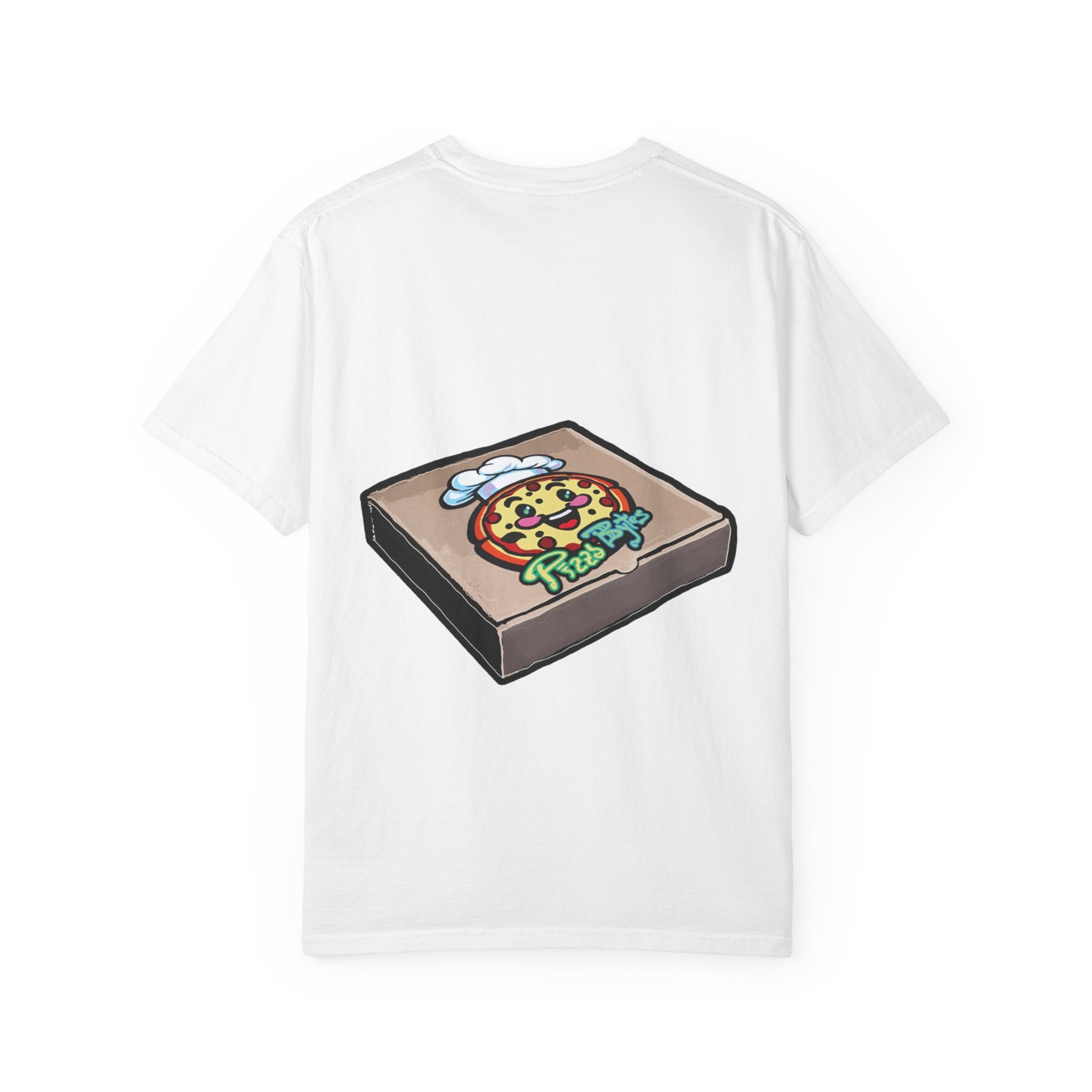 Hand-drawn toxic pizza stack t-shirt with glowing green pizza character and slimy tentacle on tee from PizzaBytes collection