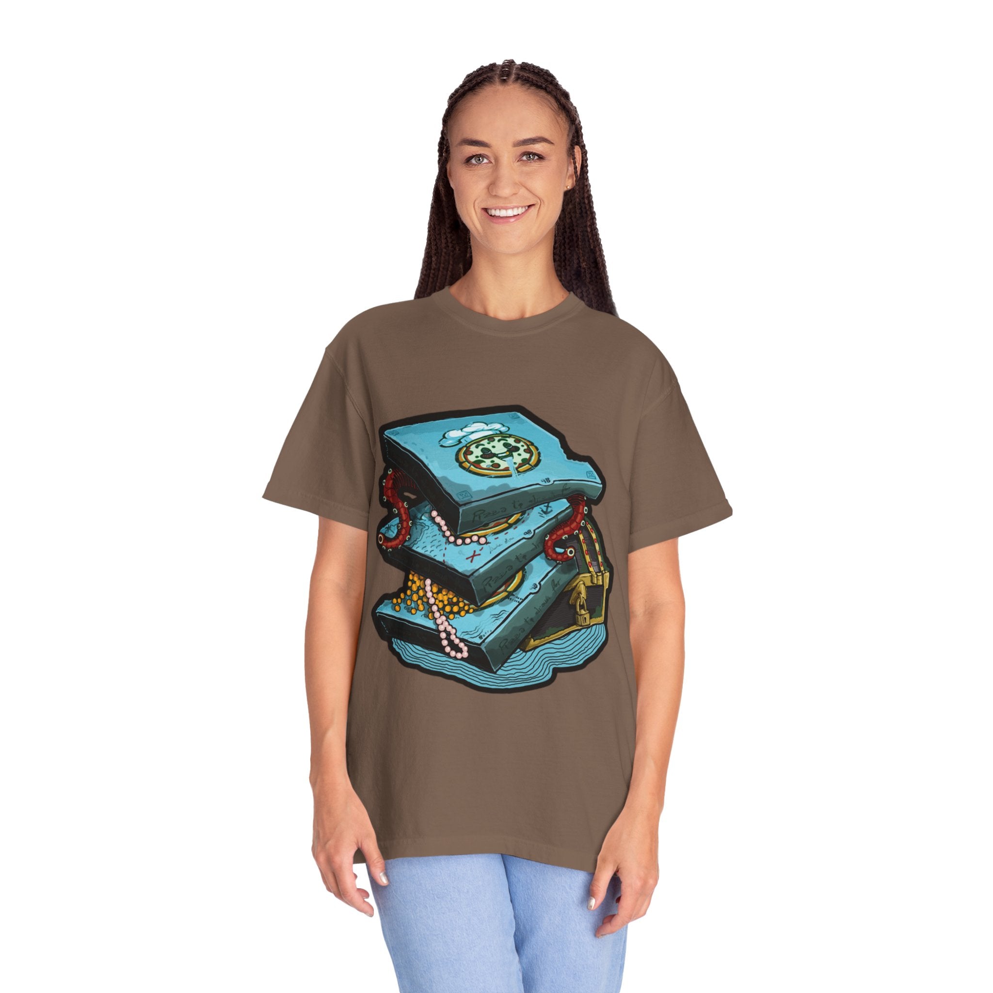 Hand-drawn pizza treasure chest t-shirt with stacked pizza boxes, gold coins, pearls, red octopus tentacles and pirate chest on Comfort Colors tee from PizzaBytes collection
