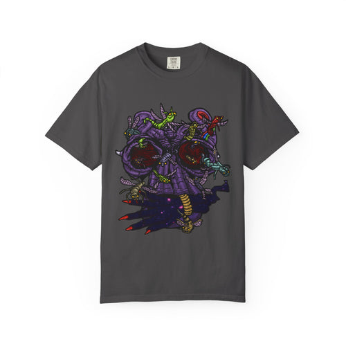 Freaky Features Alien t-shirt, front shows chaotic purple alien tentacles and insect swarm, back shows open pizza box designed as retro TV with pepperoni pizza inside


