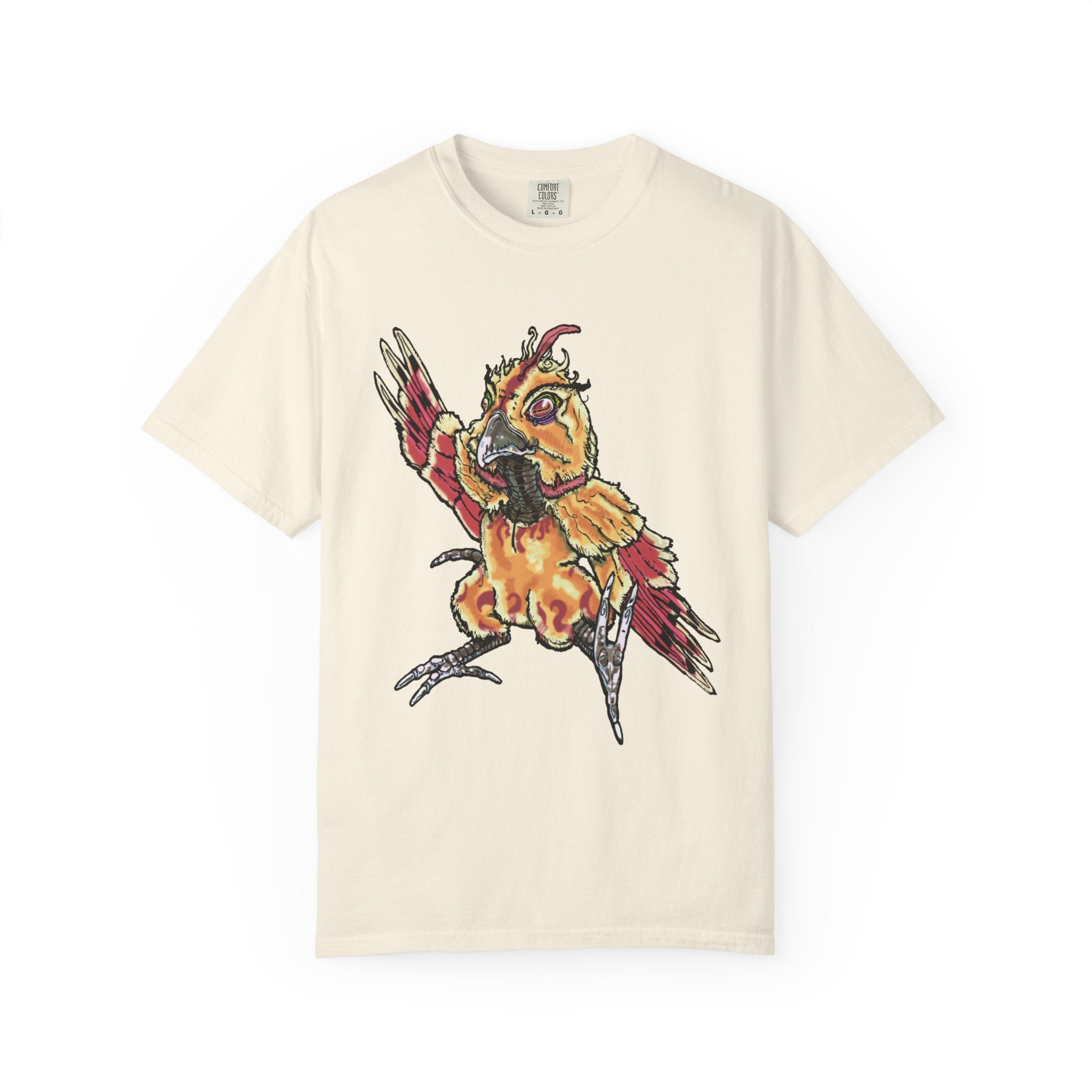 Fiery Inferno Phoenix Pizza Monster T-Shirt, Hand-drawn pizza phoenix with melted cheese flames, pepperoni wings, and glowing eyes on Comfort Colors tee from PizzaBytes collection
