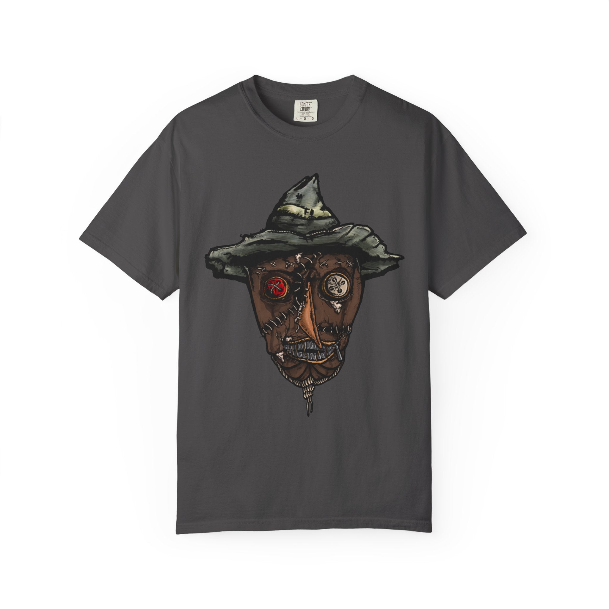 Freaky Features Scarecrow t-shirt, front shows creepy scarecrow head with witch hat and mismatched eyes, back shows open pizza box with lattice cherry pie
