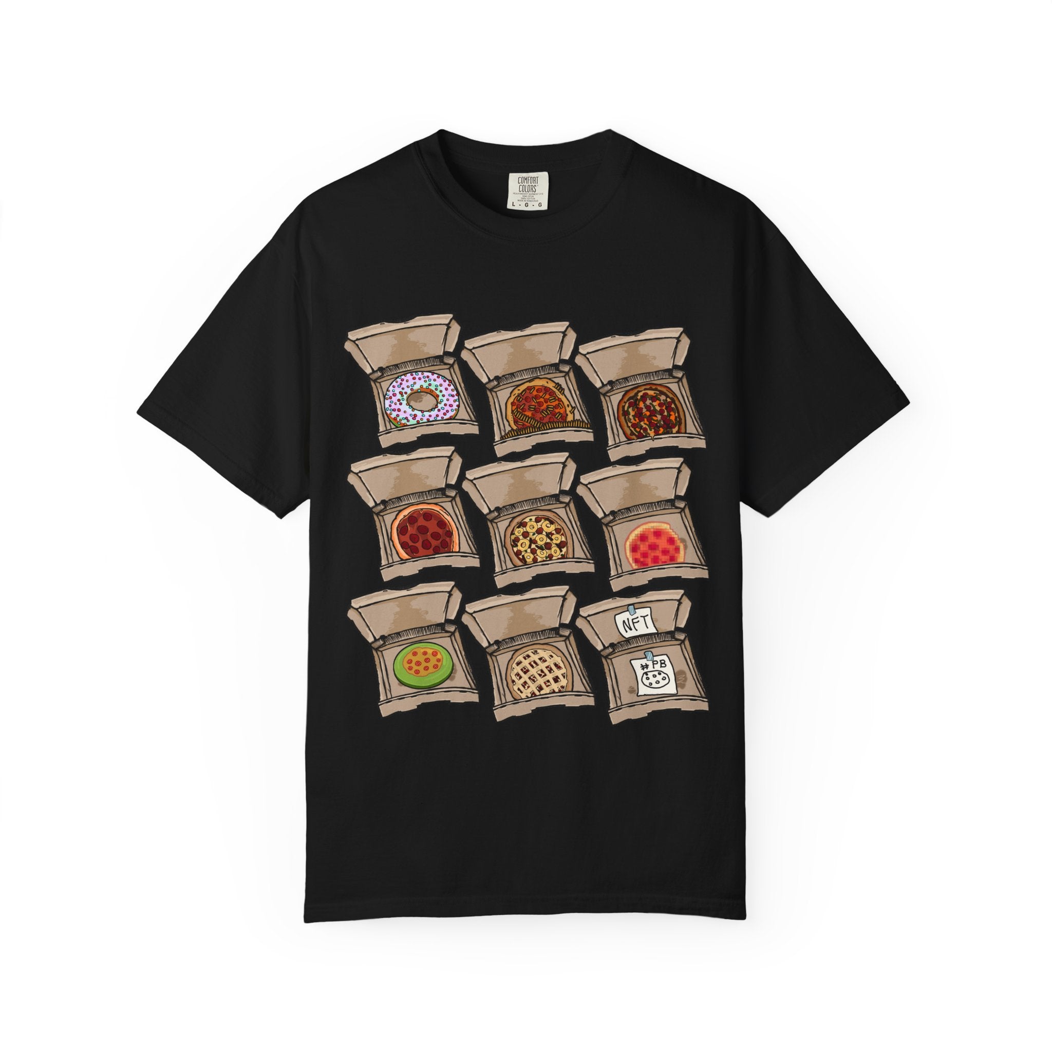 Hand-drawn PizzaBytes Set #3 t-shirt showing a 3x3 grid of open pizza boxes with various weird pizzas including rainbow donut, cherry pie and NFT from PizzaBytes collection

