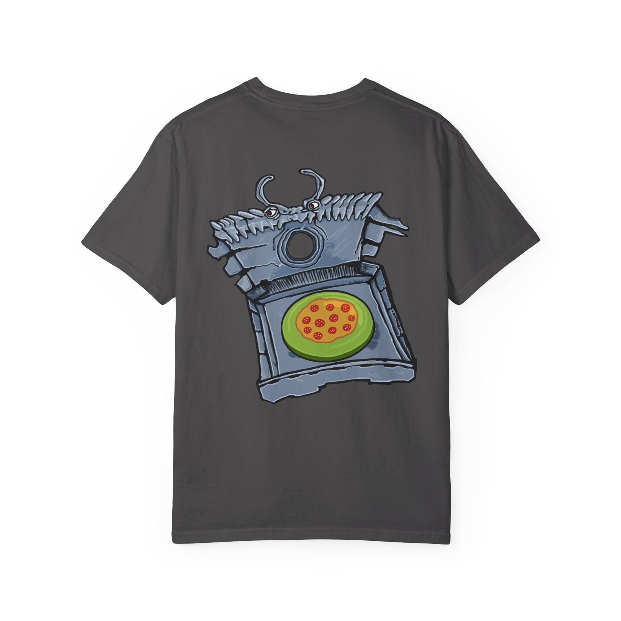 Freaky Features Franky t-shirt, front shows Frankenstein-style monster head with cucumber eyes and poison vial nose, back shows monster-headed pizza box with green pizza frisbee