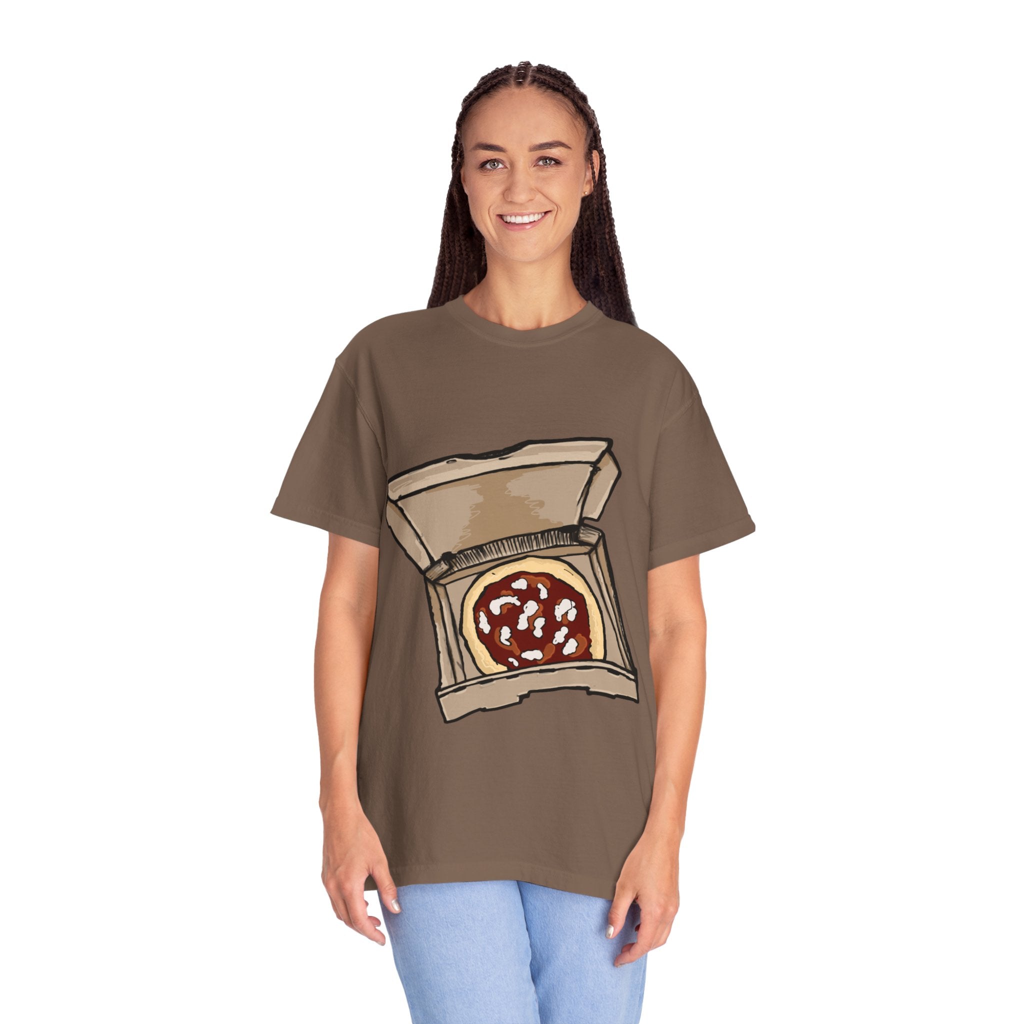 Hand-drawn mozzarella pizza box t-shirt showing open pizza box with red sauce and mozzarella cheese from PizzaBytes collection

