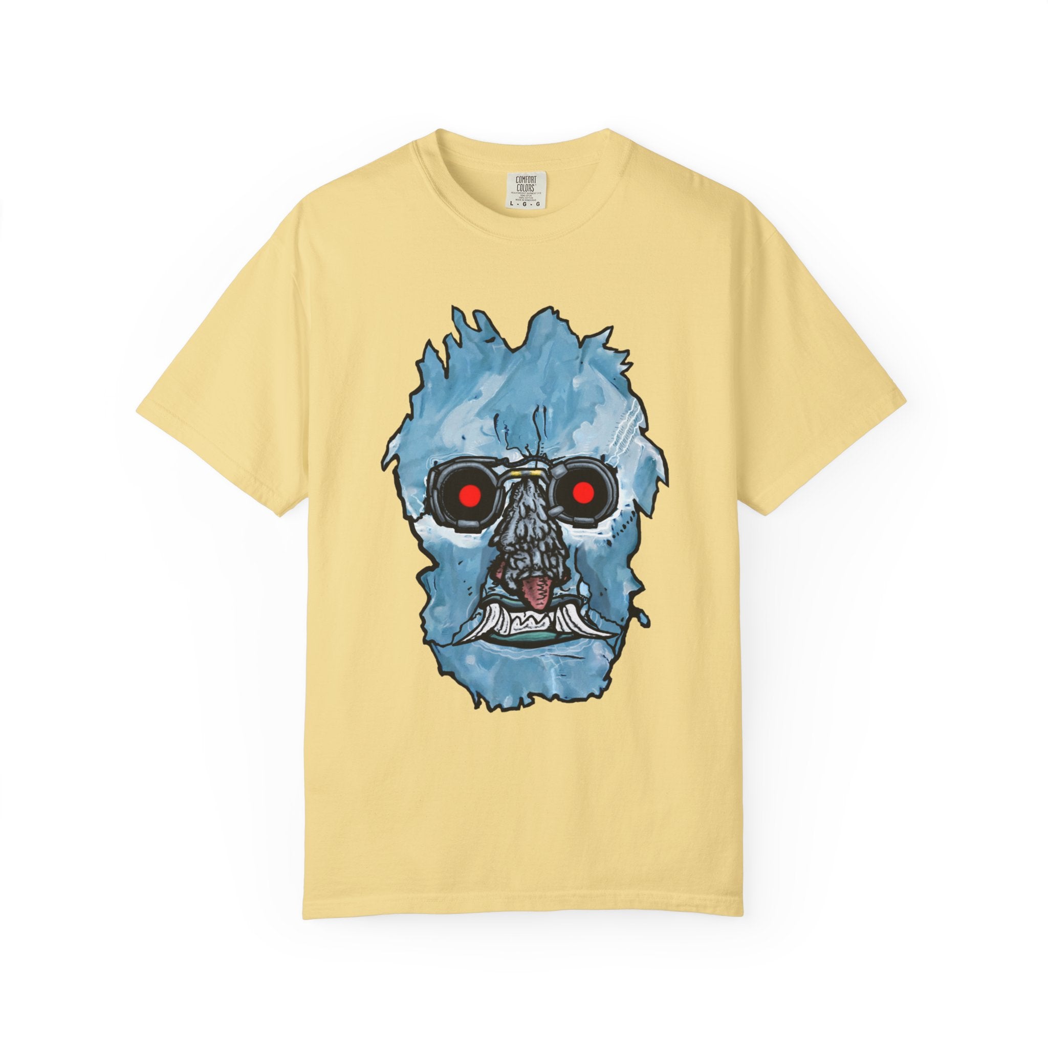 Freaky Features Iceman t-shirt, front shows frozen ice monster head with red goggles and fangs, back shows open pizza box with ice pizza inside
