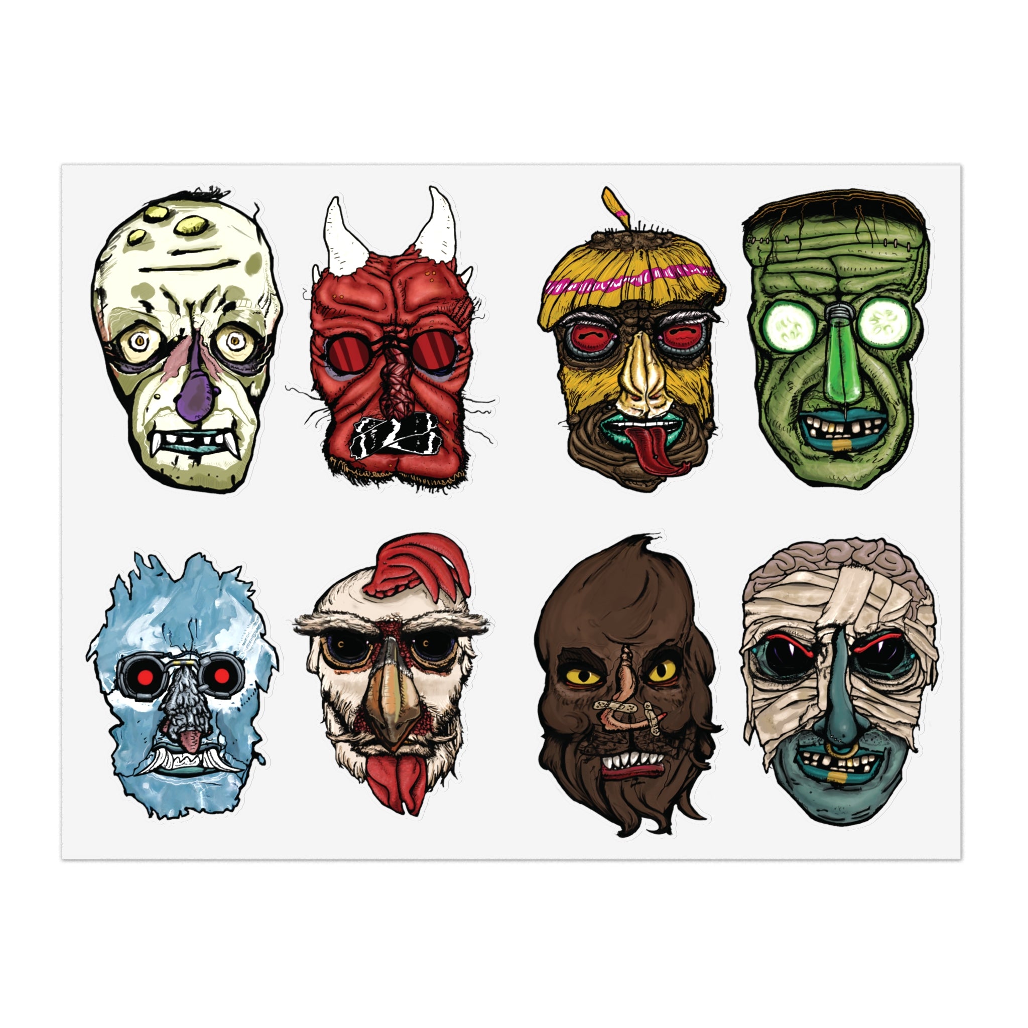 Freaky Features Sticker Sheet Set #1 , transparent die-cut sheet with 8 hand-drawn monster heads from the Freaky Features collection