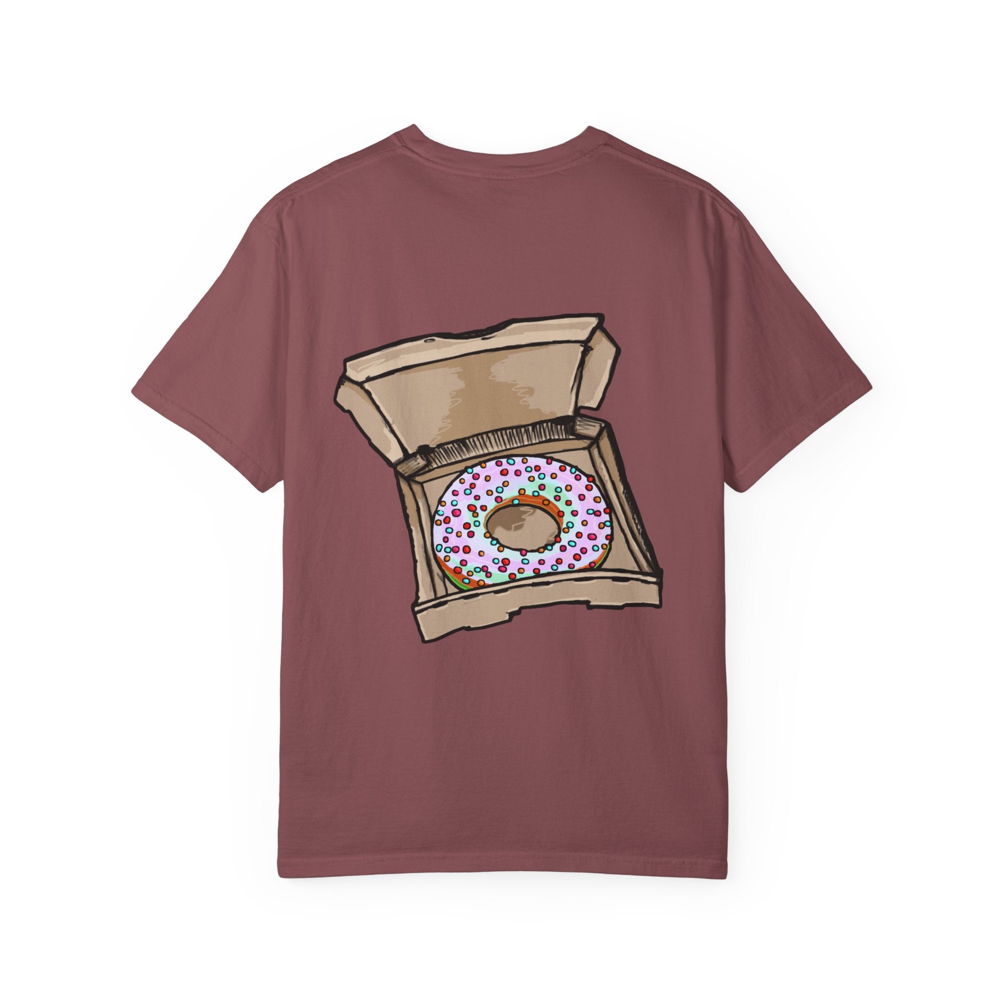 Freaky Features Mushroom Boy t-shirt, front shows grotesque mushroom skull with red cap and multiple eyes, back shows open pizza box with rainbow sprinkle donut

