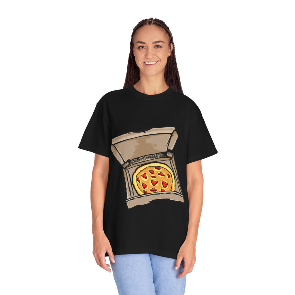 Hand-drawn gold pizza box t-shirt showing open pizza box with gold pizza and red diamond toppings from PizzaBytes collection

