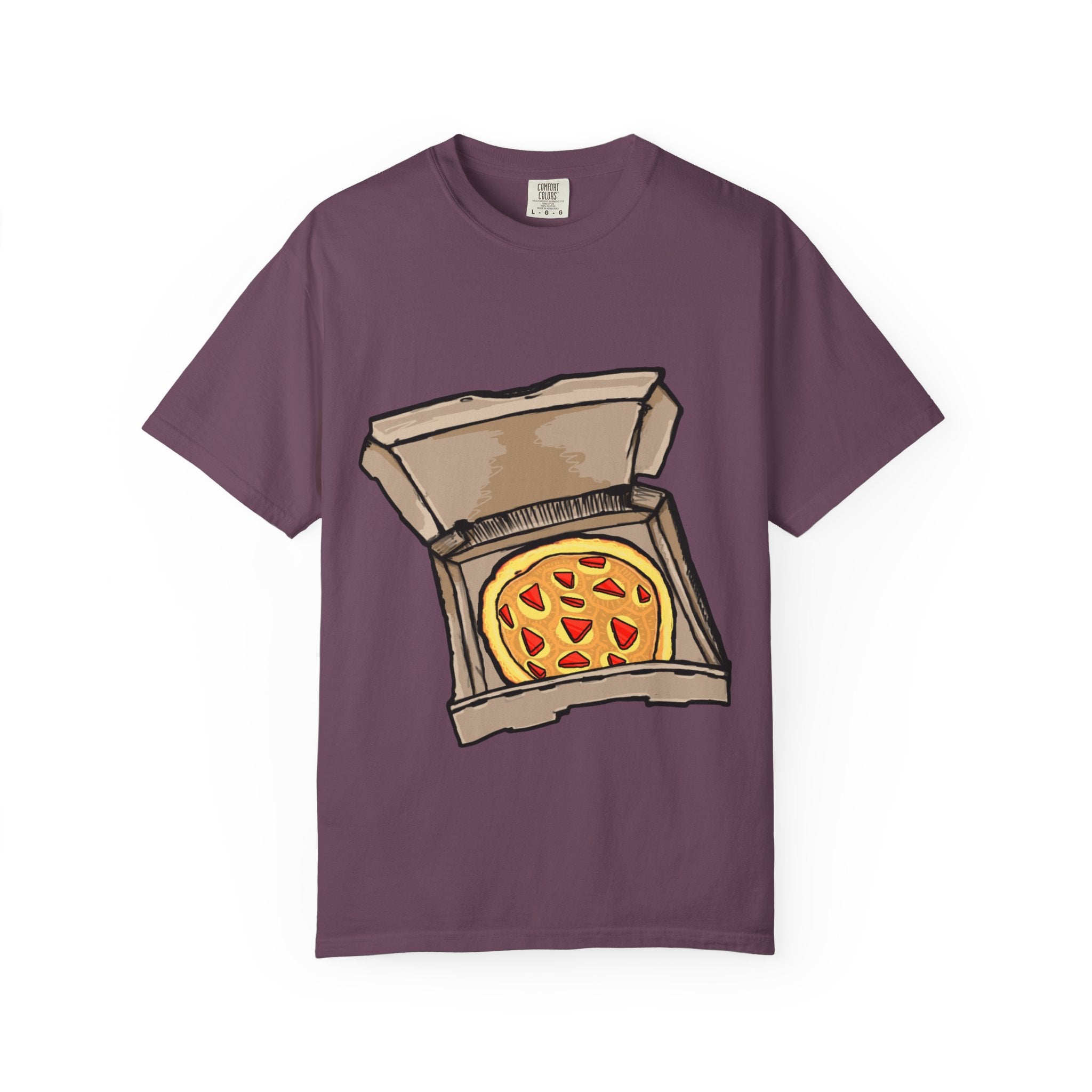 Hand-drawn gold pizza box t-shirt showing open pizza box with gold pizza and red diamond toppings from PizzaBytes collection

