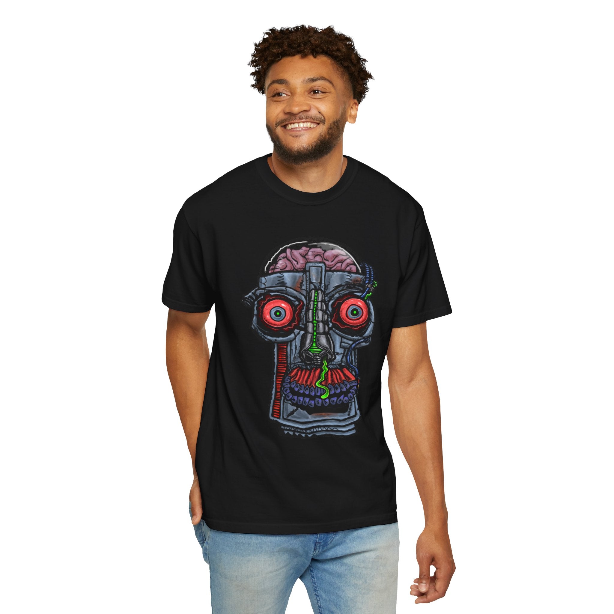 Freaky Features Robo Bobo t-shirt, front shows cybernetic robot skull with exposed brain and glowing eyes, back shows open pizza box with 8-bit pixel pepperoni pizza

