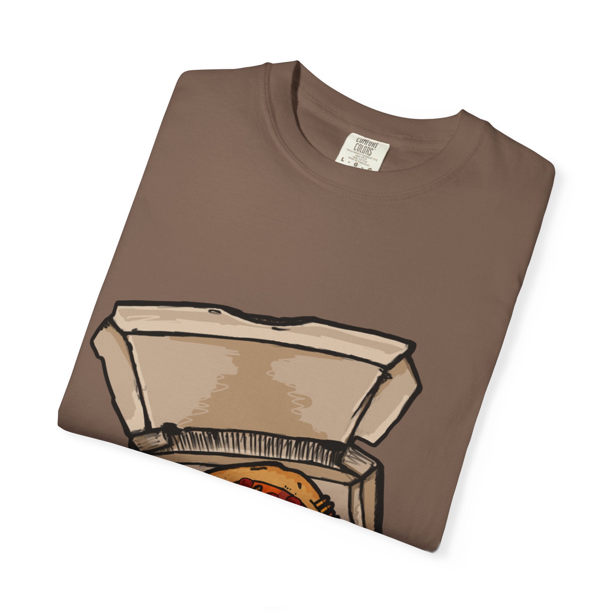 Hand-drawn pepperoni and bullets pizza box t-shirt showing open pizza box with pepperoni pizza surrounded by bullets from PizzaBytes collection

