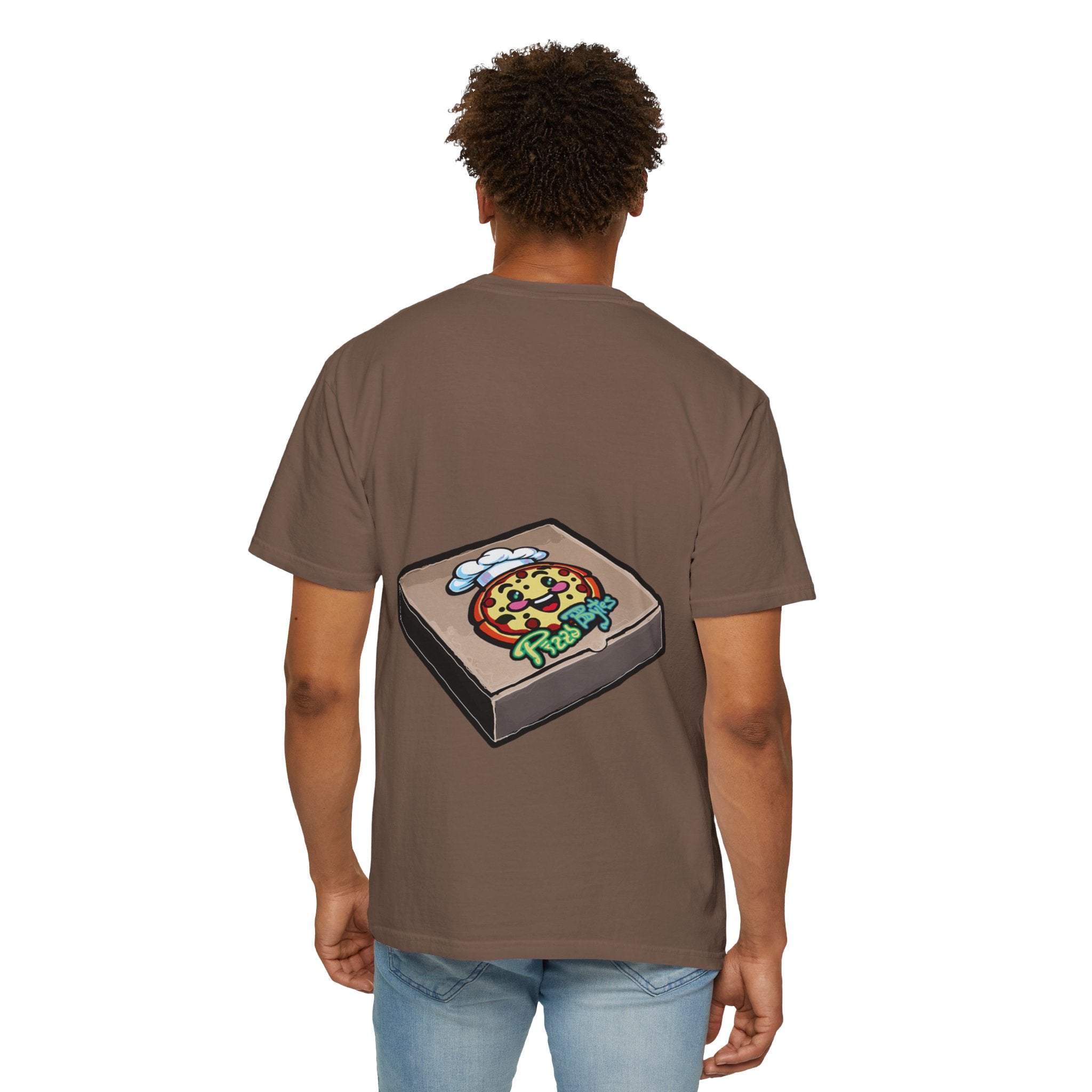Hand-drawn pixel pizza box t-shirt showing open pizza box with 8-bit pixel art pepperoni pizza from PizzaBytes collection

