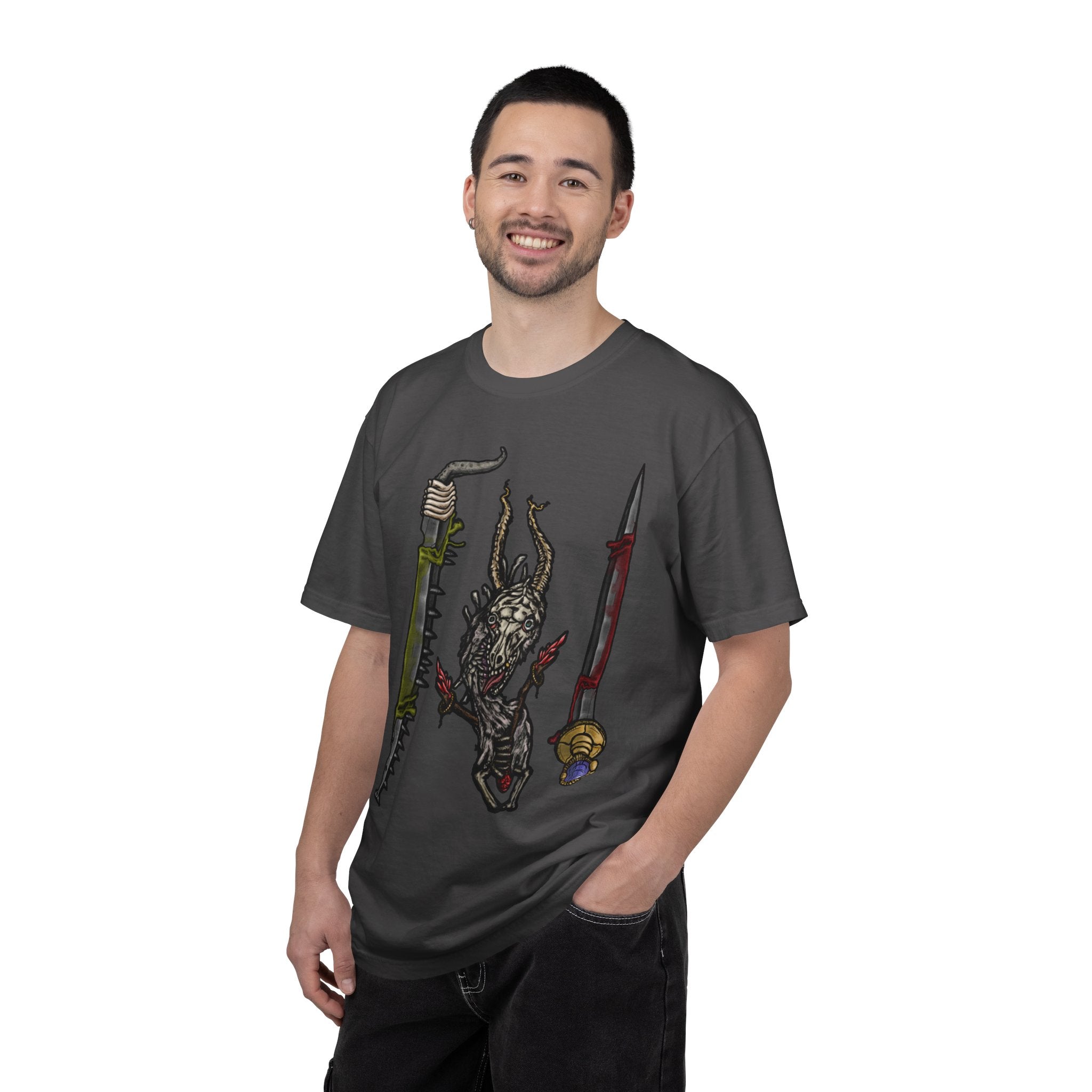 Hand-drawn Item Selection #2 t-shirt from Freaky Features showing a reptilian monster holding a chainsaw sword, bloody dagger and twisted staff on cream tee

