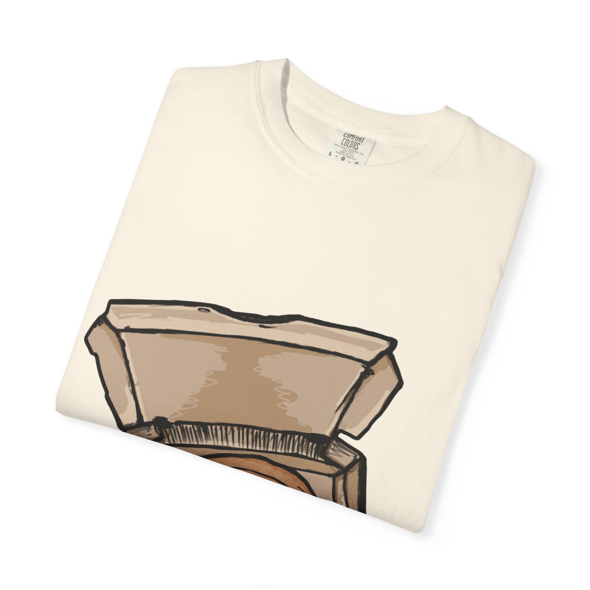 Hand-drawn red sauce pizza box t-shirt showing open pizza box with red sauce pizza from PizzaBytes collection

