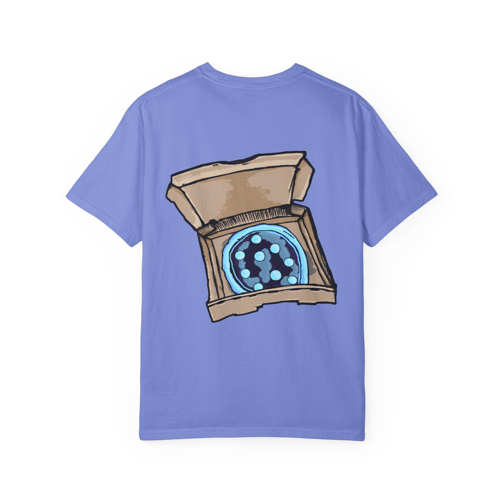 Freaky Features Iceman t-shirt, front shows frozen ice monster head with red goggles and fangs, back shows open pizza box with ice pizza inside
