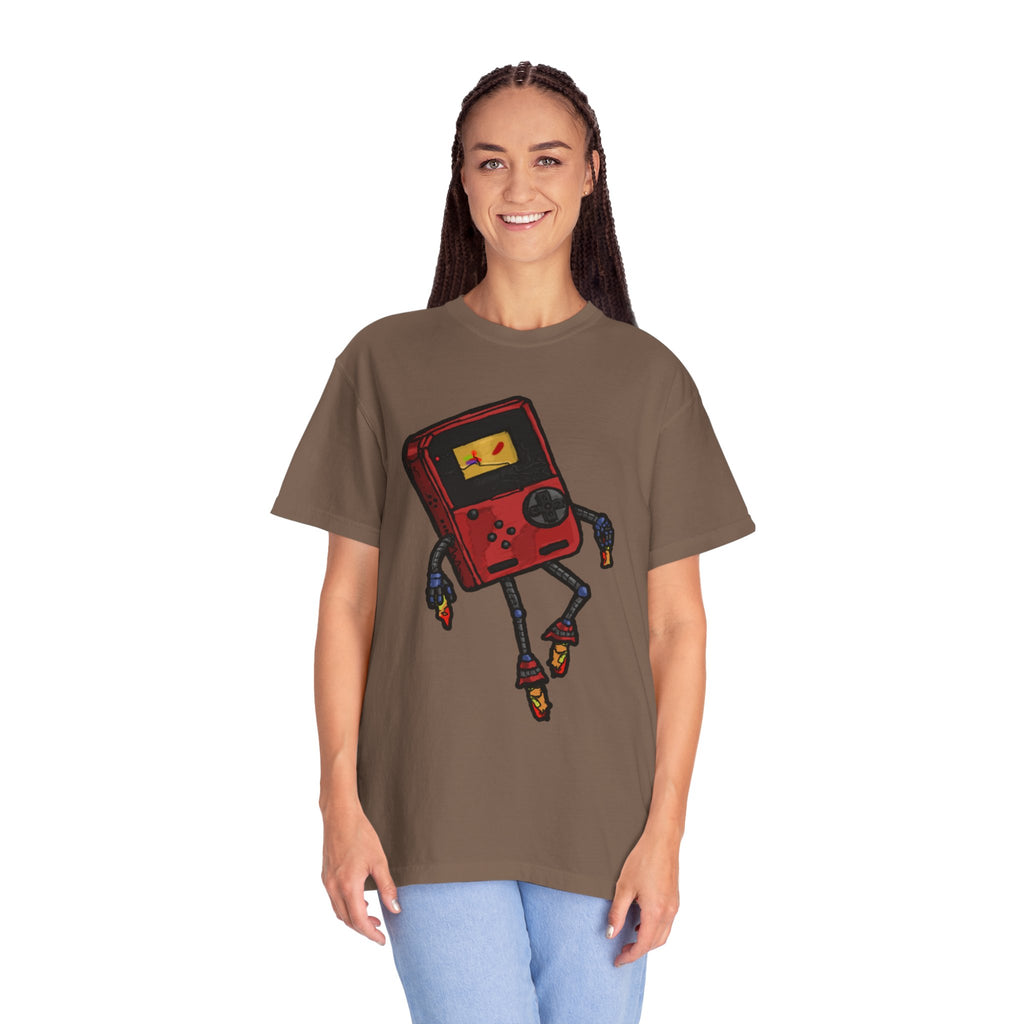 GamerPal t-shirt from Freaky Features showing a red Game Console turned into a walking pizza monster with mechanical limbs on dark gray tee

