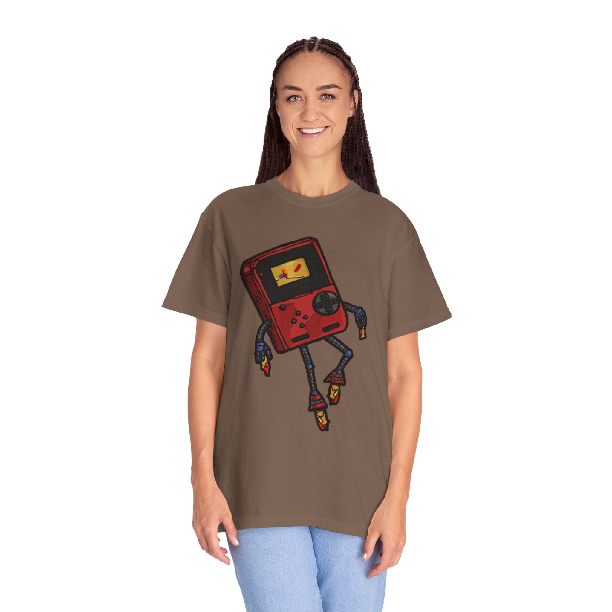 GamerPal t-shirt from Freaky Features showing a red Game Console turned into a walking pizza monster with mechanical limbs on dark gray tee

