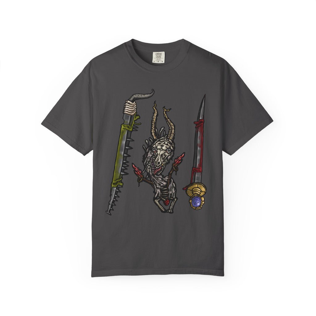 Hand-drawn Item Selection #2 t-shirt from Freaky Features showing a reptilian monster holding a chainsaw sword, bloody dagger and twisted staff on cream tee

