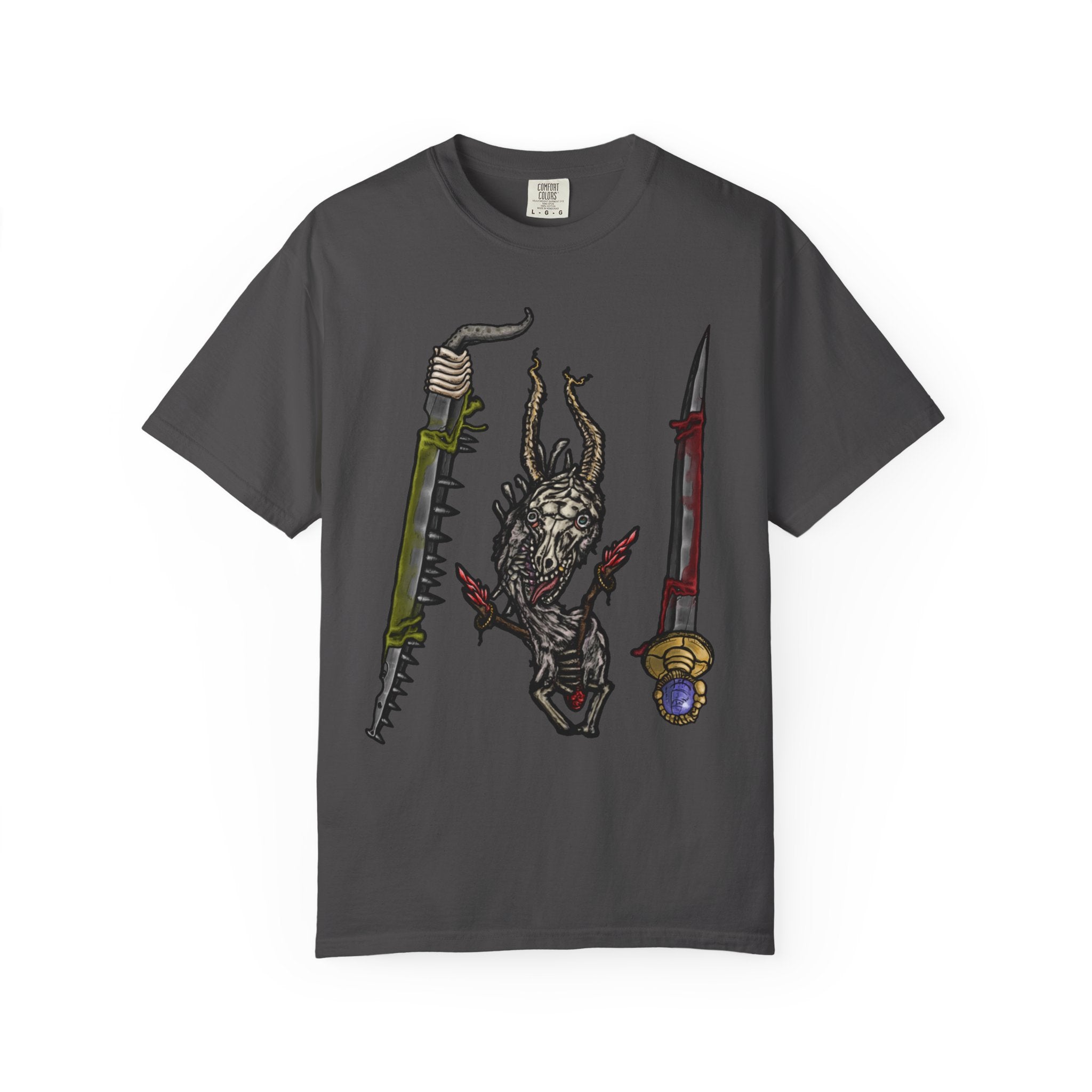 Hand-drawn Item Selection #2 t-shirt from Freaky Features showing a reptilian monster holding a chainsaw sword, bloody dagger and twisted staff on cream tee

