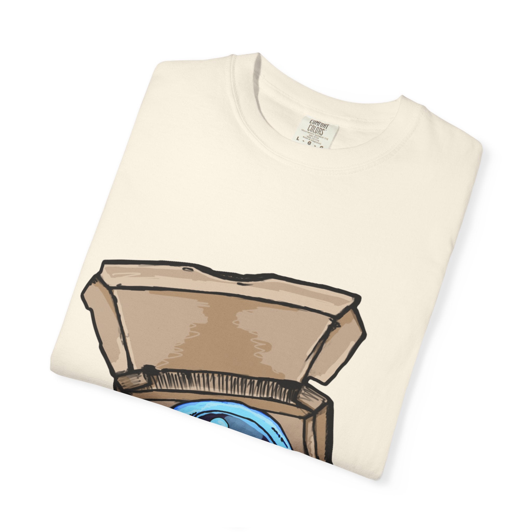Hand-drawn ice pizza box t-shirt showing open pizza box with glowing blue ice pizza and floating orbs from PizzaBytes collection

