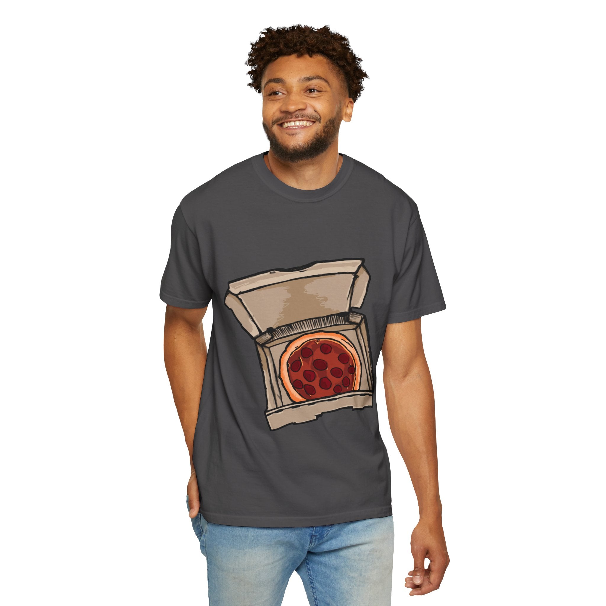 Hand-drawn classic pepperoni pizza box t-shirt showing open pizza box with pepperoni pizza from PizzaBytes collection


