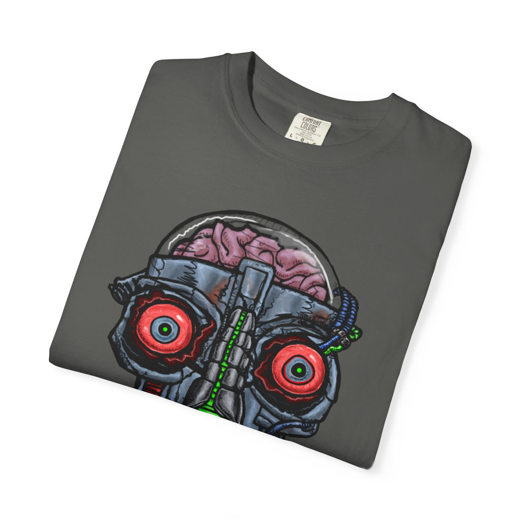 Freaky Features Robo Bobo t-shirt, front shows cybernetic robot skull with exposed brain and glowing eyes, back shows open pizza box with 8-bit pixel pepperoni pizza


