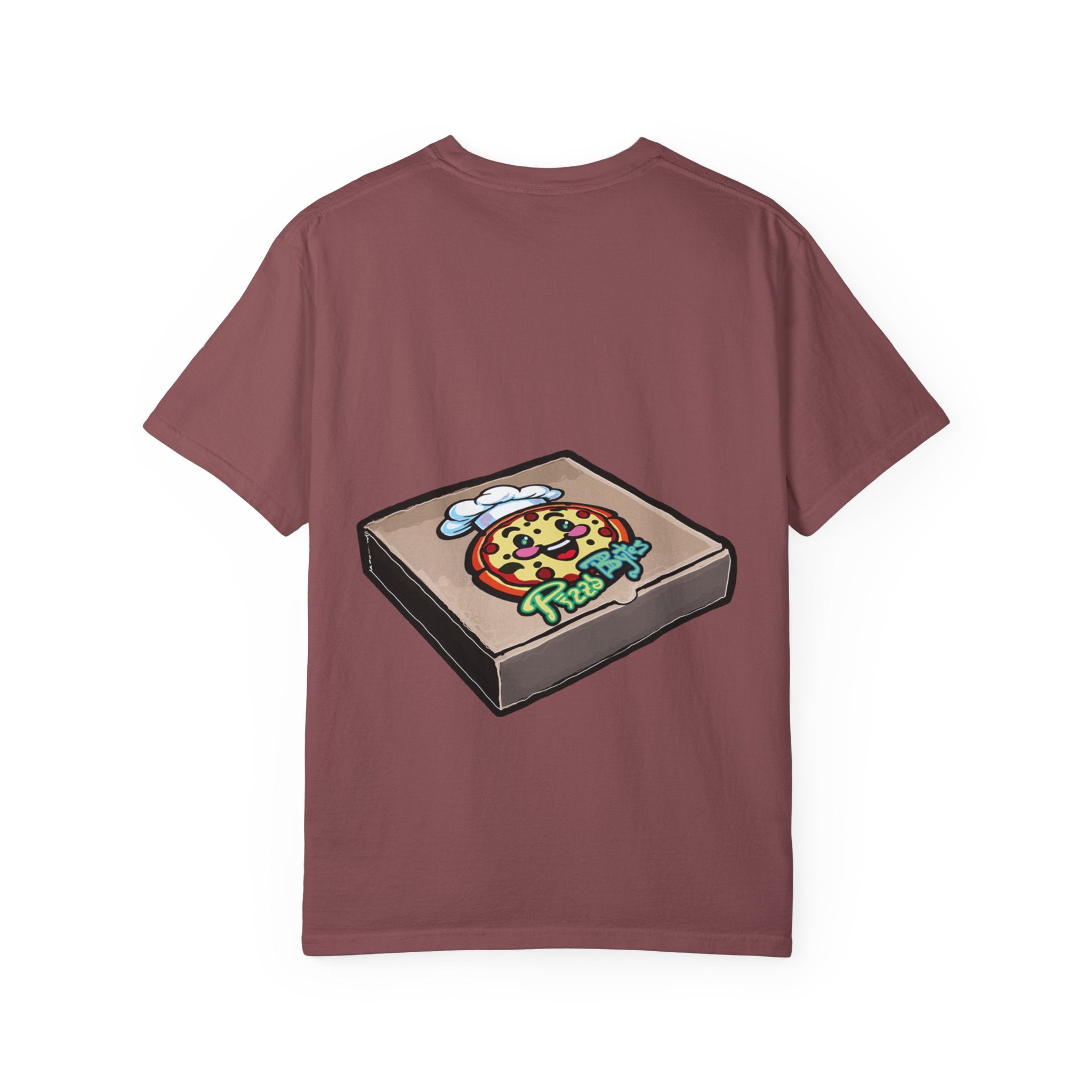 Hand-drawn heart pizza box t-shirt with pink pizza box, heart-shaped pepperoni pizza and floating black hearts on Comfort Color tee from PizzaBytes collection
