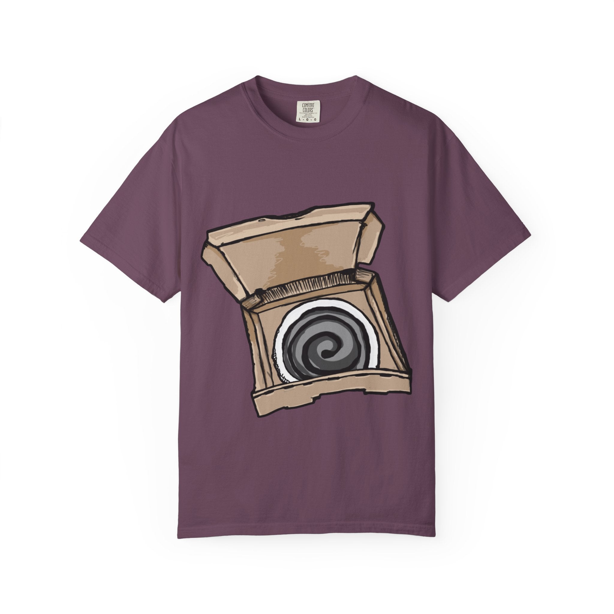 Hand-drawn swirl hypno pizza box t-shirt showing open pizza box with hypnotic spiral pattern from PizzaBytes collection
