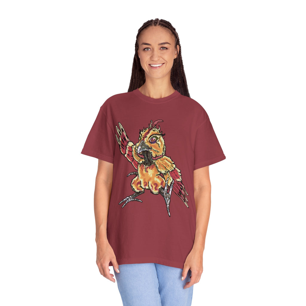 Fiery Inferno Phoenix Pizza Monster T-Shirt, Hand-drawn pizza phoenix with melted cheese flames, pepperoni wings, and glowing eyes on Comfort Colors tee from PizzaBytes collection
