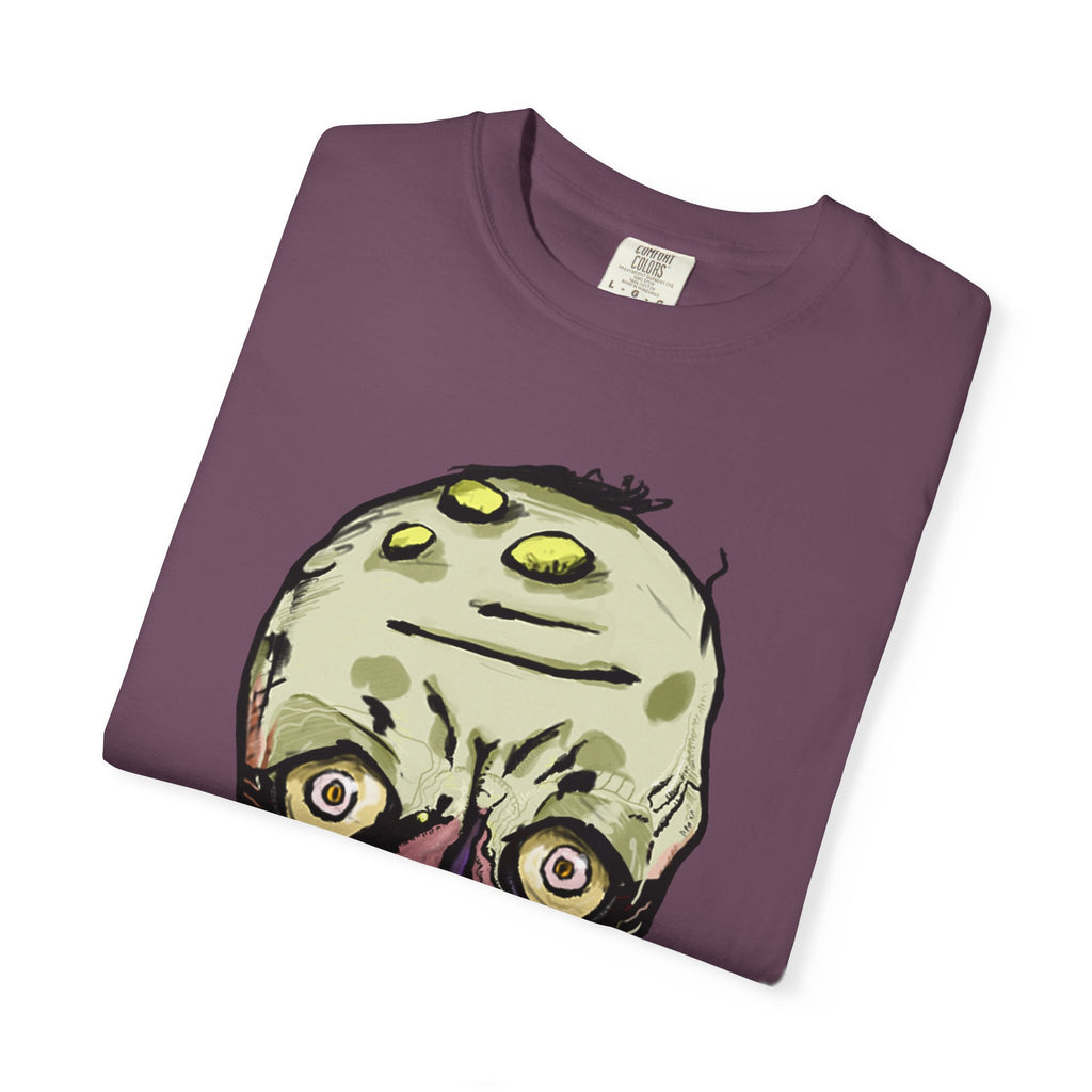 Freaky Features Gremlin t-shirt, front shows grotesque gremlin head with yellow hair and long tongue, back shows open pizza box with wrapped gift inside
