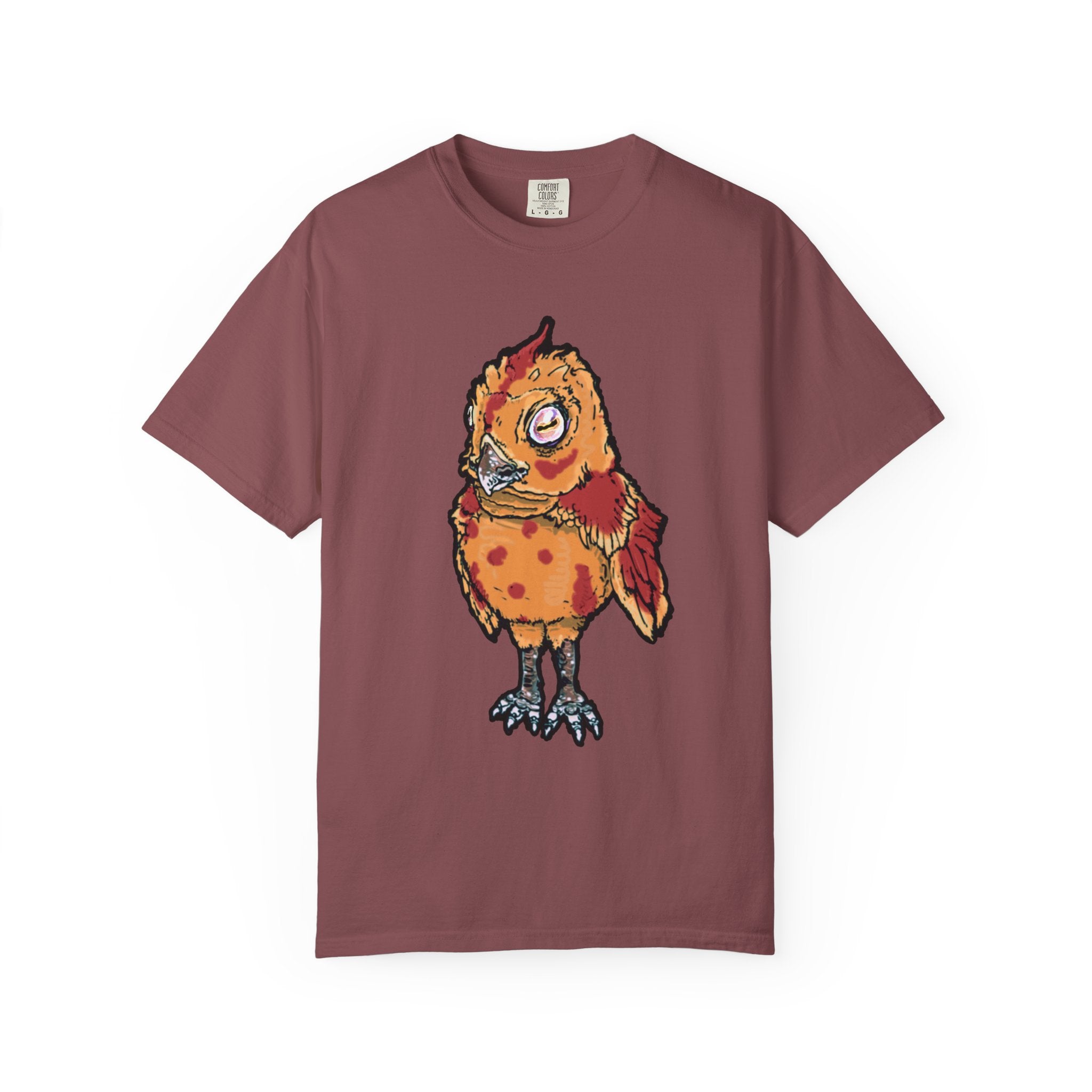 Hand-drawn spotted pizza owl monster t-shirt with melted cheese spots, pepperoni red markings and big multicolored eye tee from PizzaBytes collection
