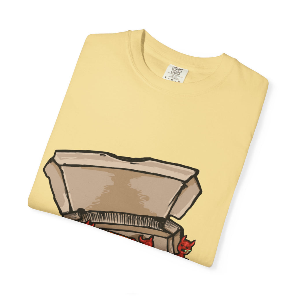 Hand-drawn little devils pizza box t-shirt showing open pizza box with cute red devils eating and stealing pepperoni pizza slices from PizzaBytes collection

