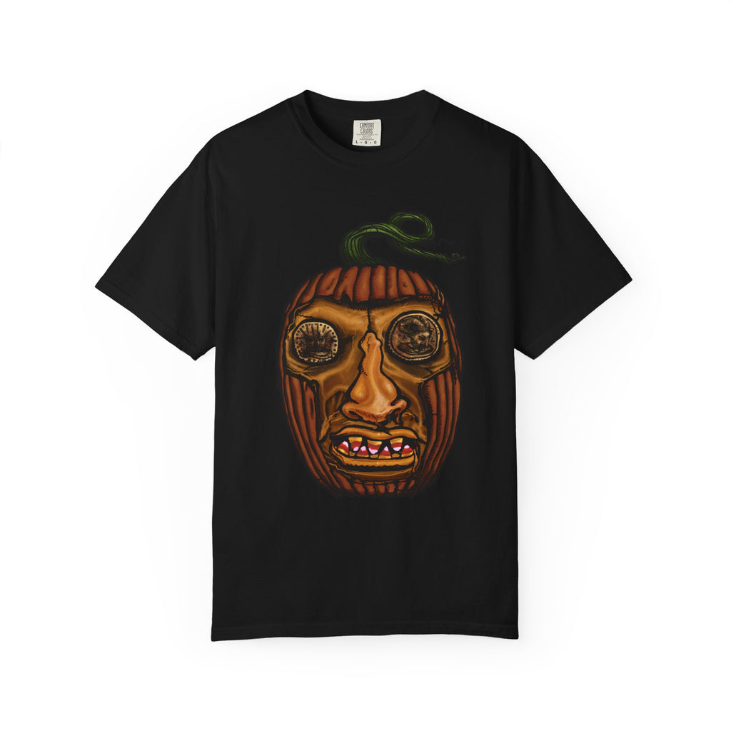 Freaky Features PumpkinJack t-shirt, front shows creepy pumpkin head with vine and candy-corn teeth, back shows open pizza box with two calzones inside