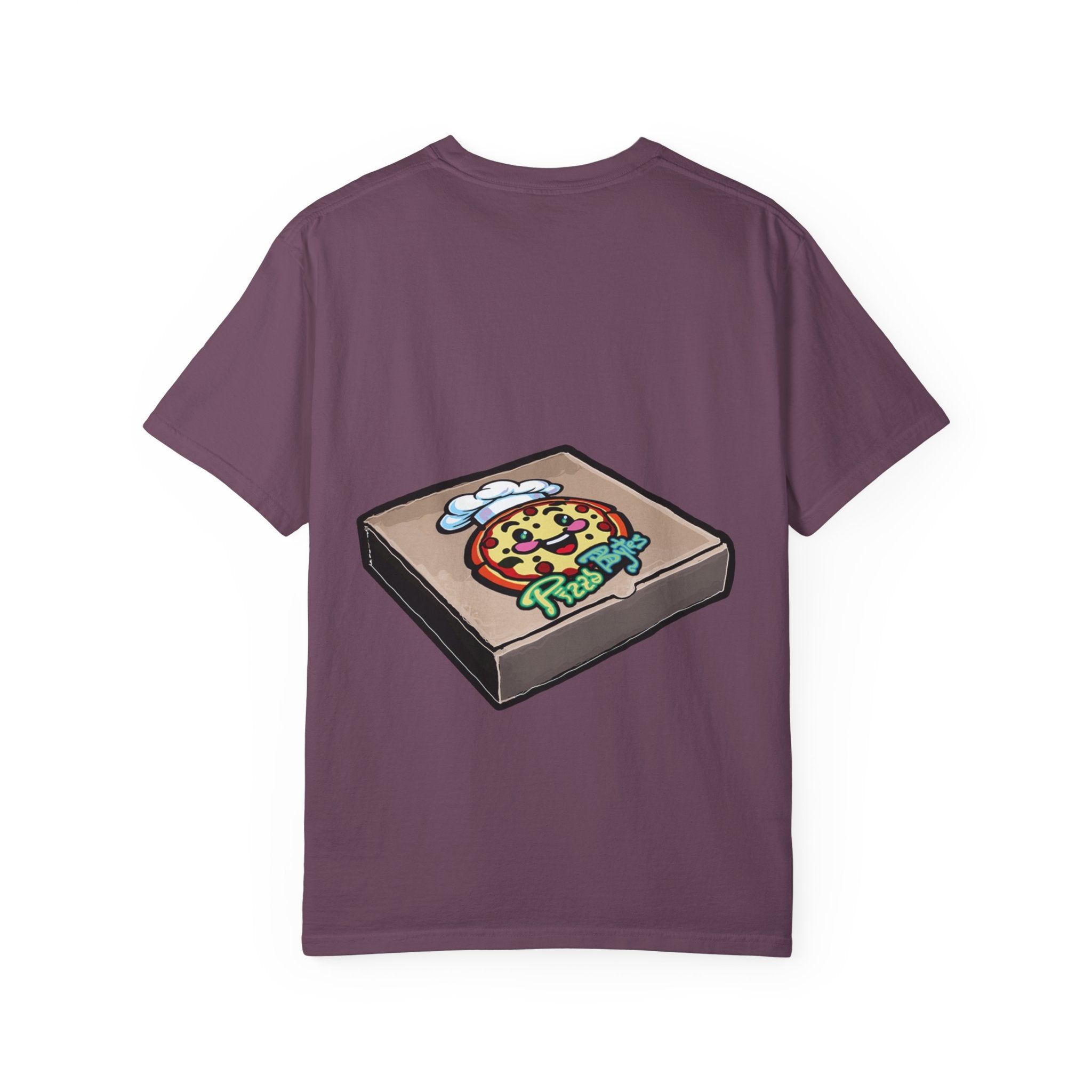 Hand-drawn swirl hypno pizza box t-shirt showing open pizza box with hypnotic spiral pattern from PizzaBytes collection
