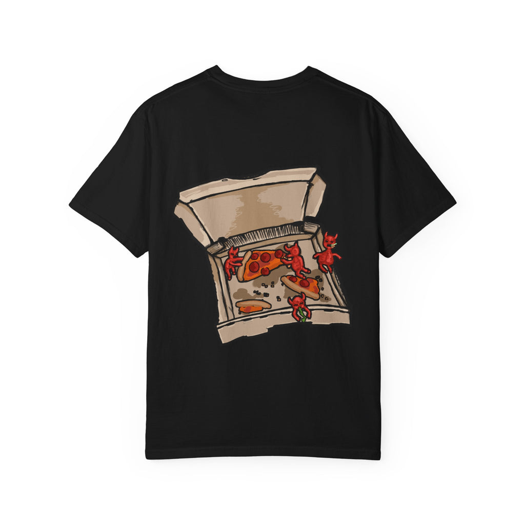 Freaky Features Demon t-shirt, front shows red demon head with horns and glowing eyes, back shows open pizza box being raided by little red devils
