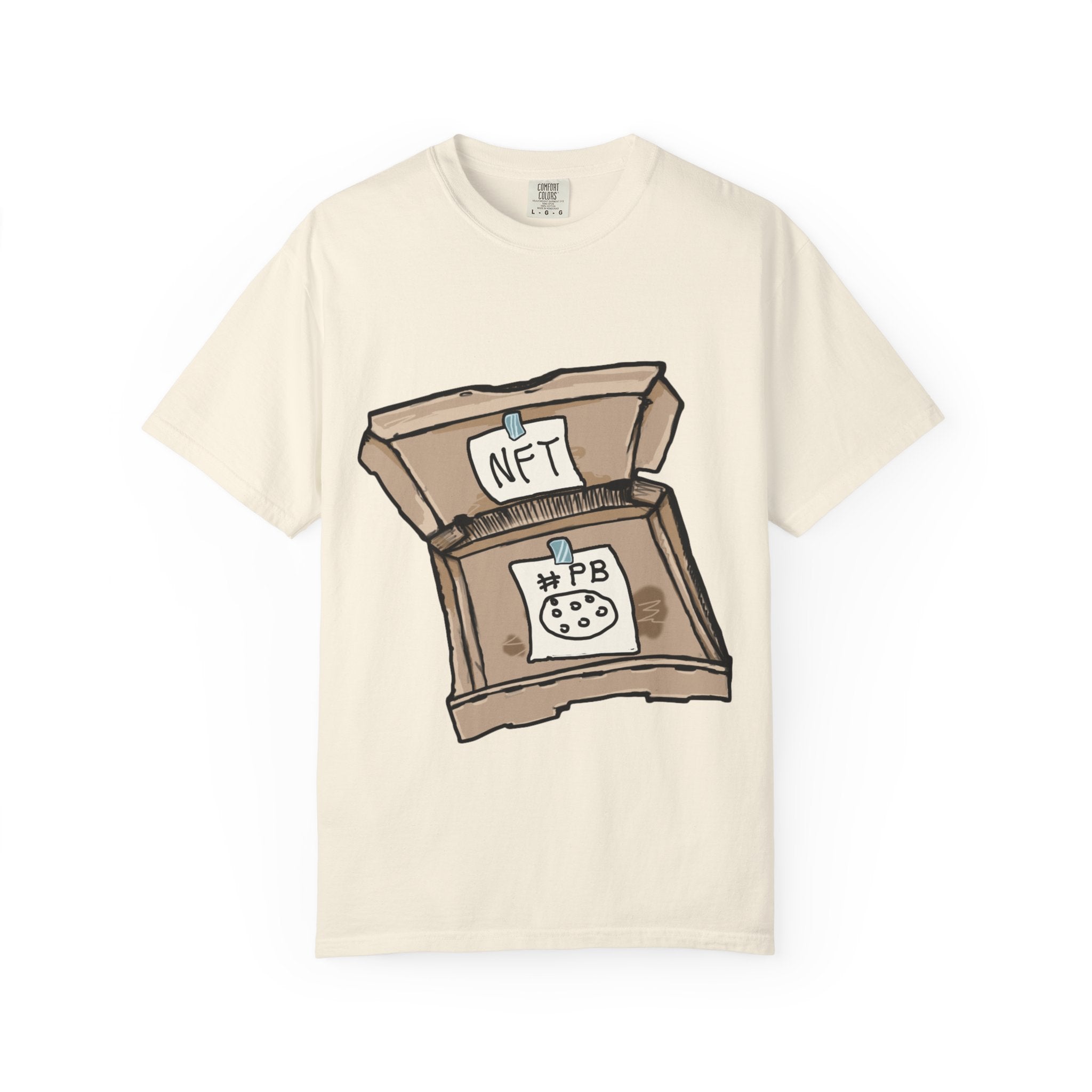 Hand-drawn NFT pizza box t-shirt showing open pizza box with NFT note and #PB pizza drawing from PizzaBytes collection

