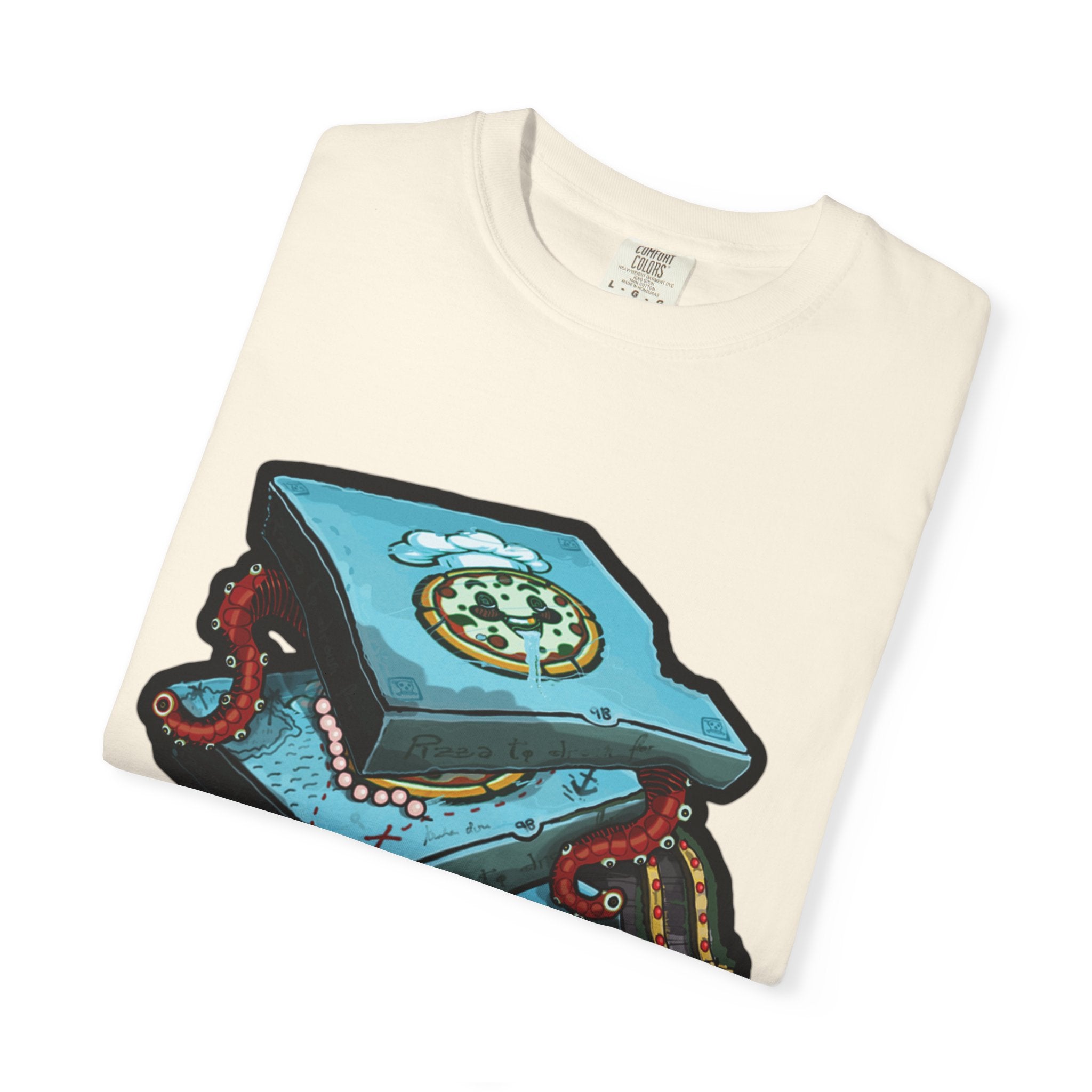 Hand-drawn pizza treasure chest t-shirt with stacked pizza boxes, gold coins, pearls, red octopus tentacles and pirate chest on Comfort Colors tee from PizzaBytes collection